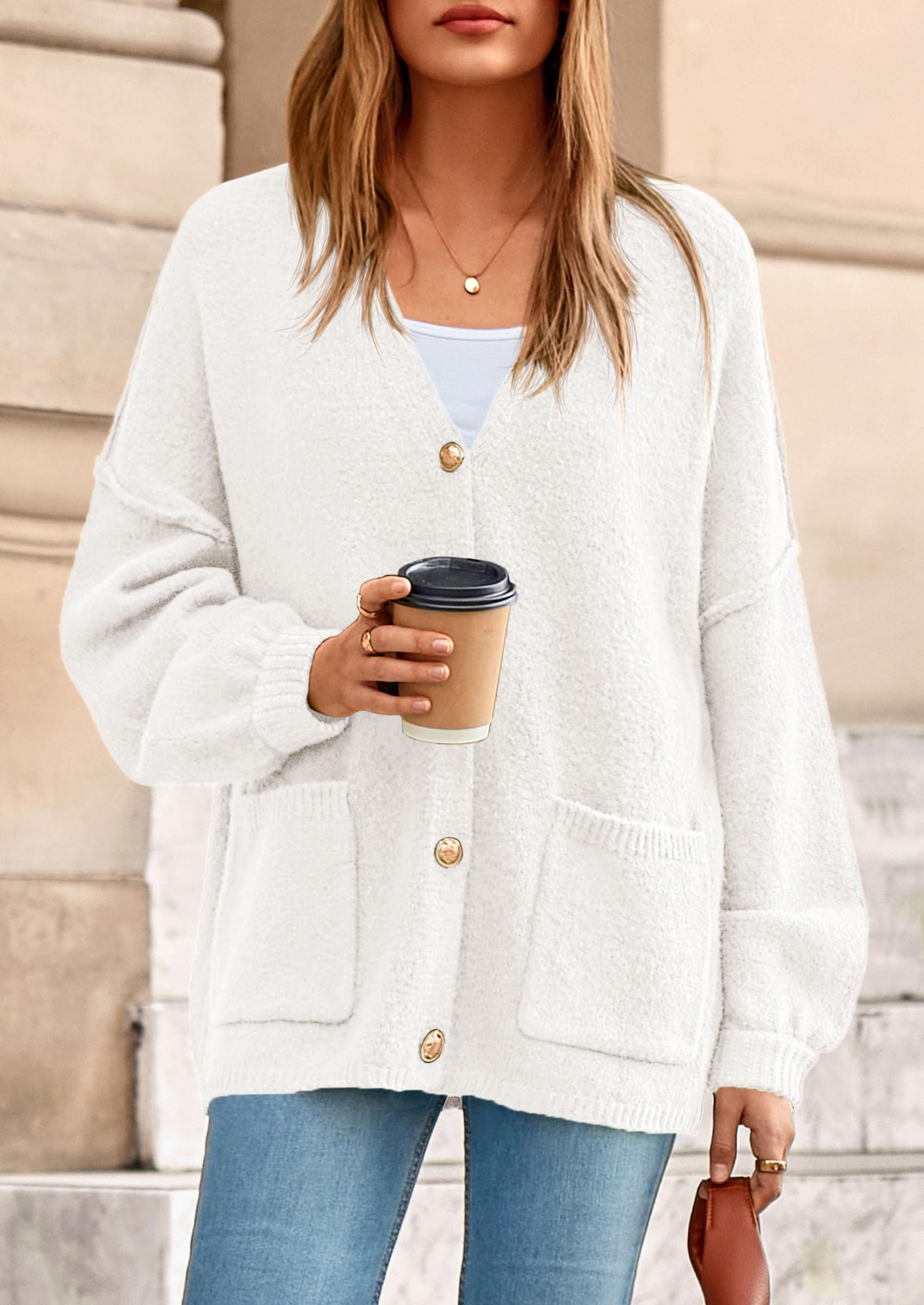 Oversized Chunky Cardigan Sweaters for Women White,S