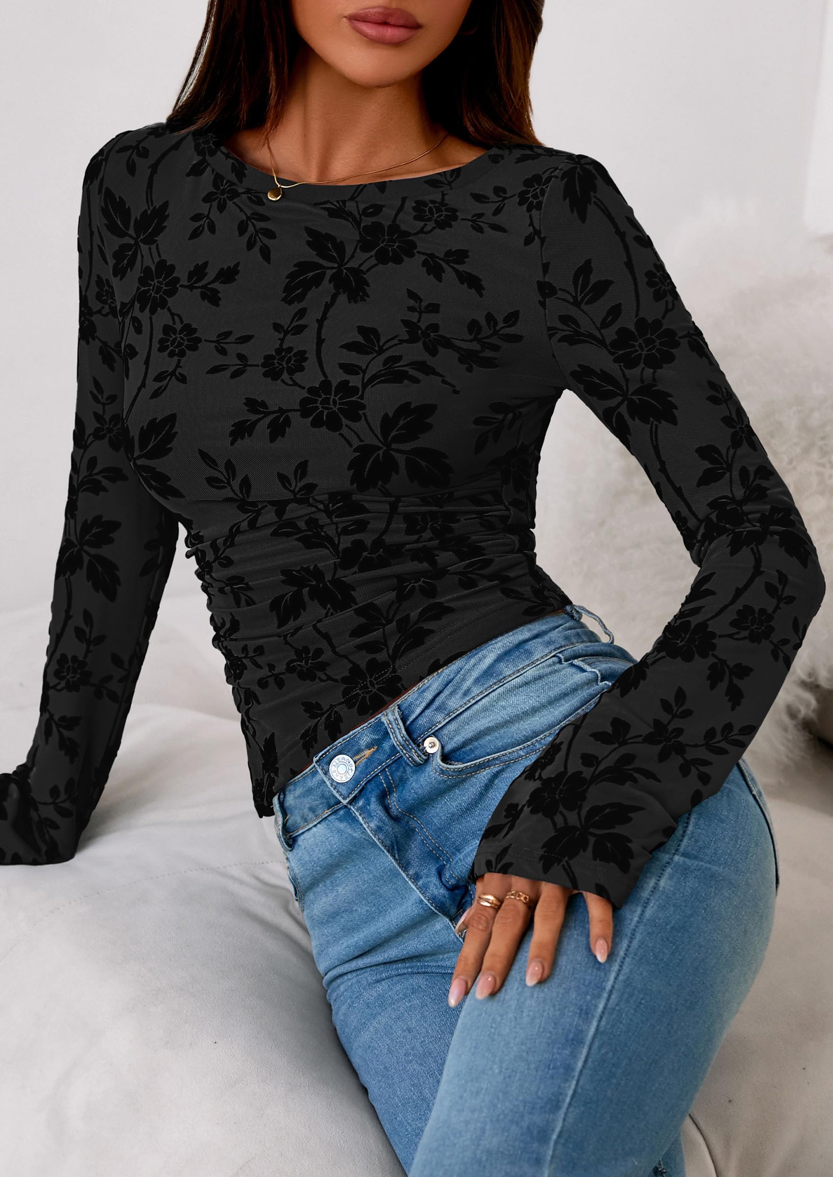 Women's Long Bell Sleeve Y2K Tops Boho Floral Mesh Blouses