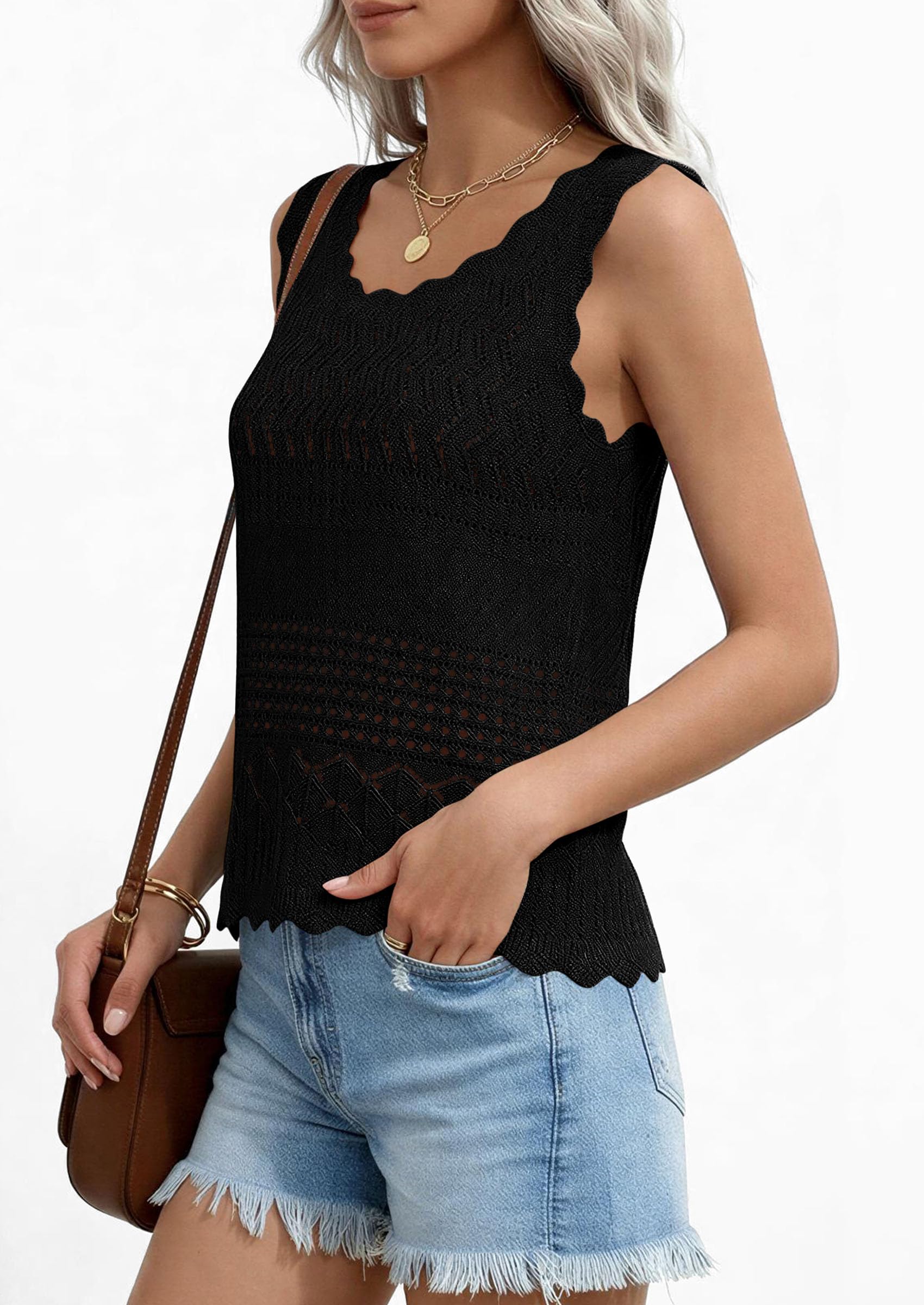 Womens Crochet Tank Tops Knit Sleeveless Vest,Black,S