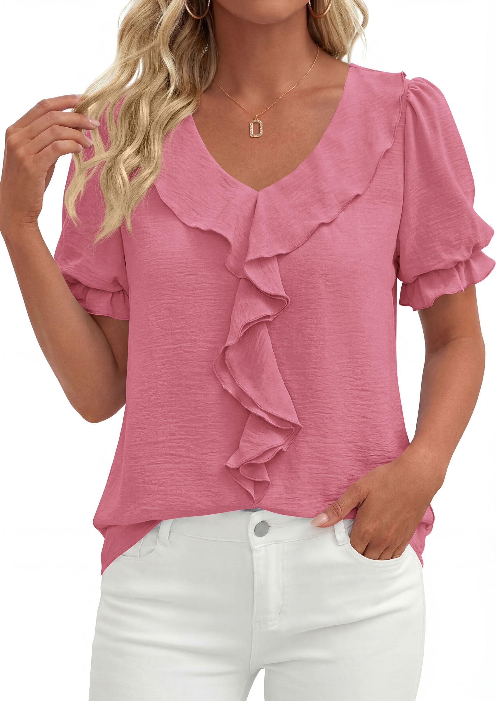Women's Summer Ruffle Dressy Casual Blouses (Dark Pink,S)