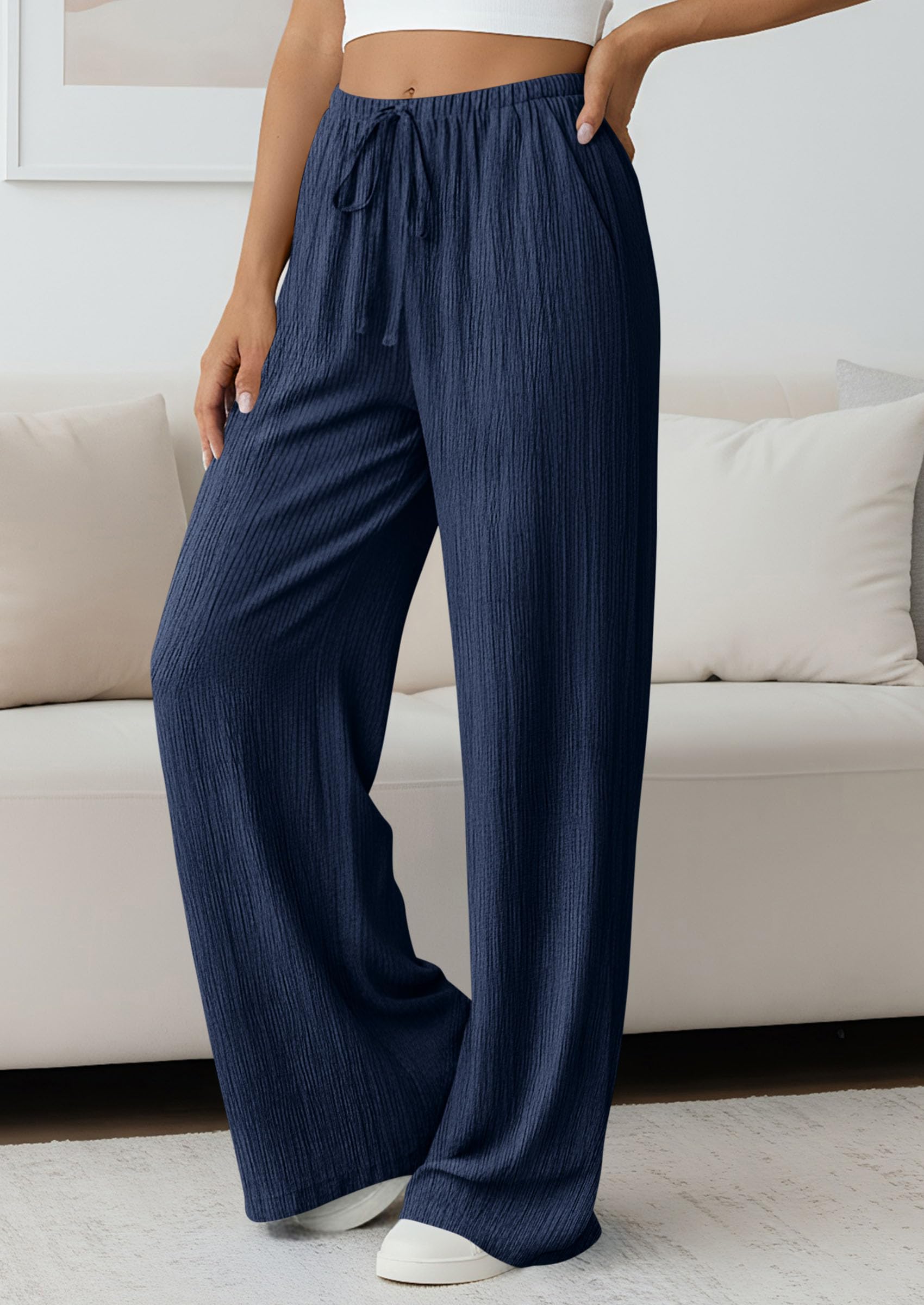 Women's Palazzo Pants Casual Wide Leg Trousers,Navy Blue,S