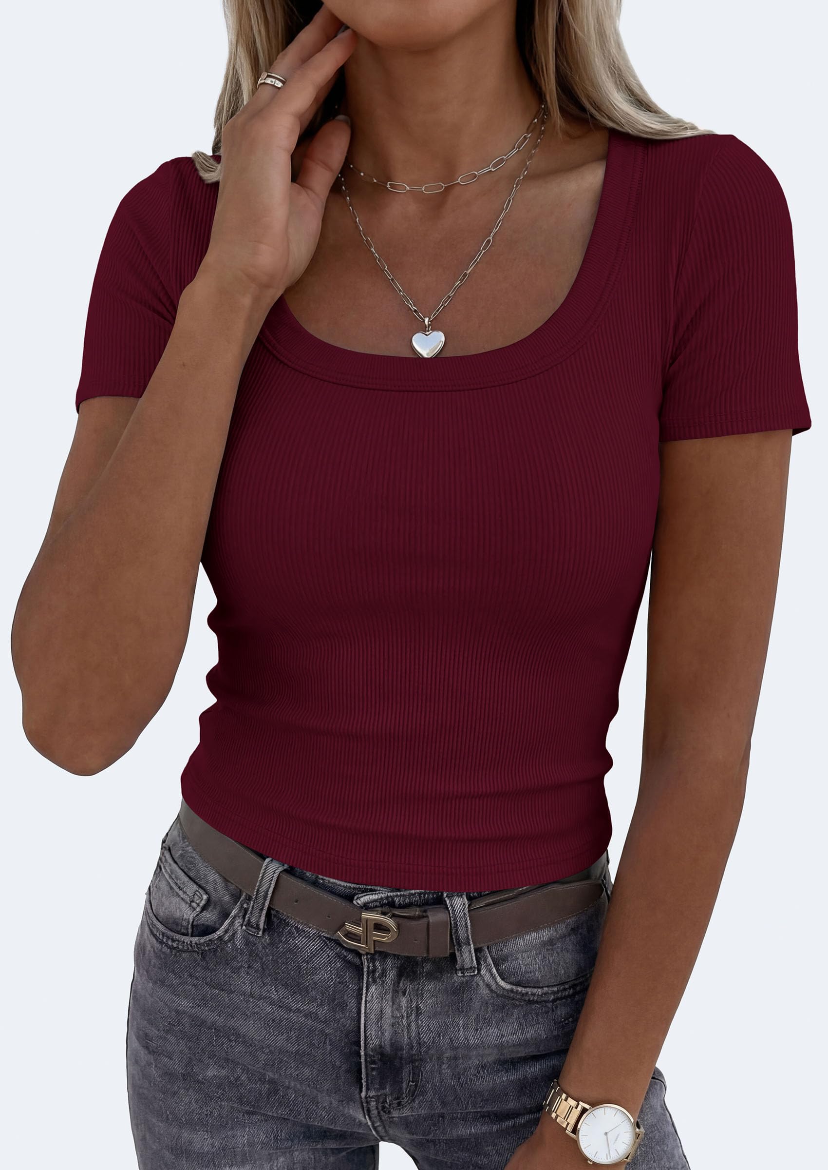 Womens Summer Short Sleeve Scoop Neck Tops,Burgundy,S