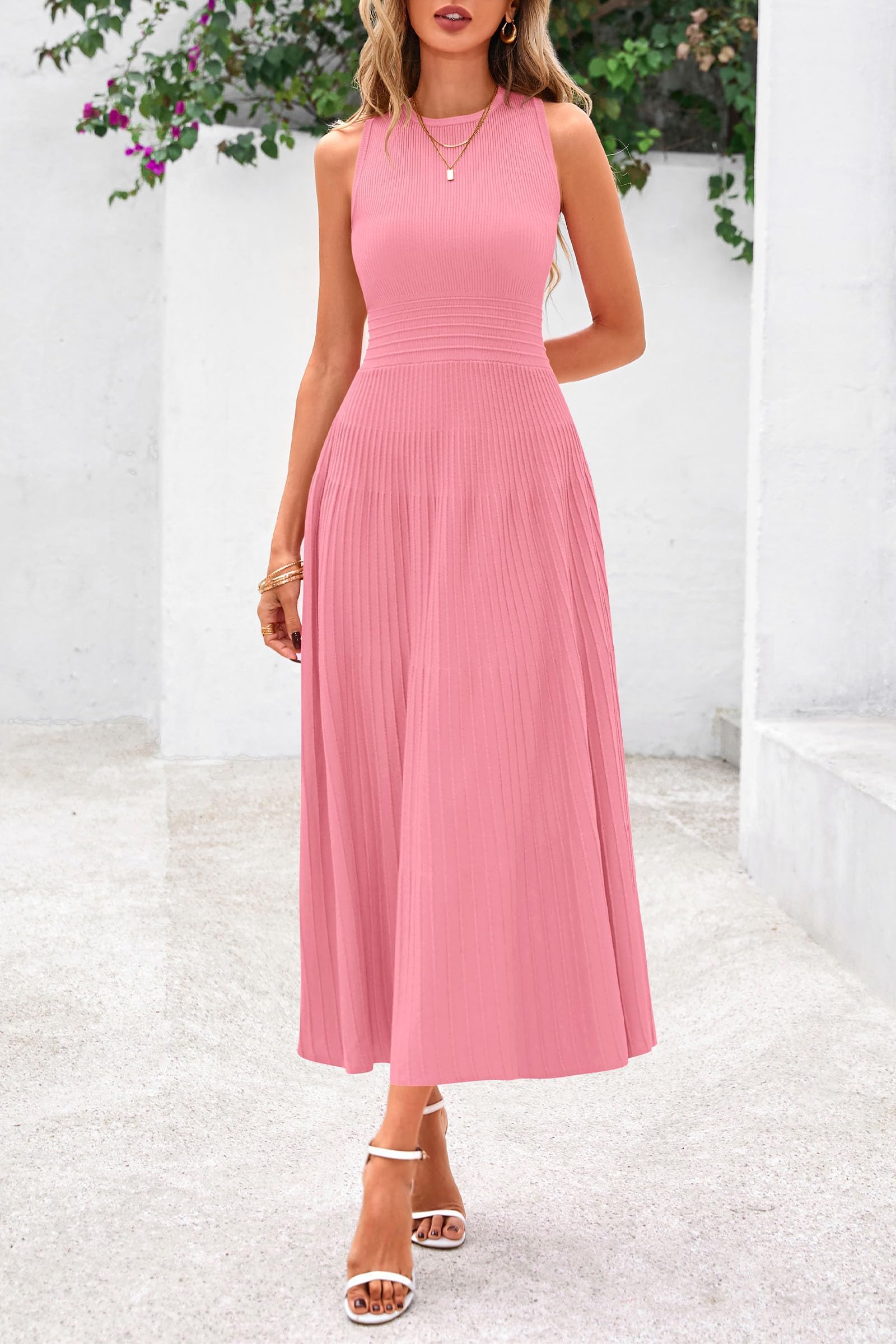 Spring Casual Dresses for Women 2025 Summer Business Work Midi Sleeveless A Line Pleated Cocktail Dress(Pink,Small)