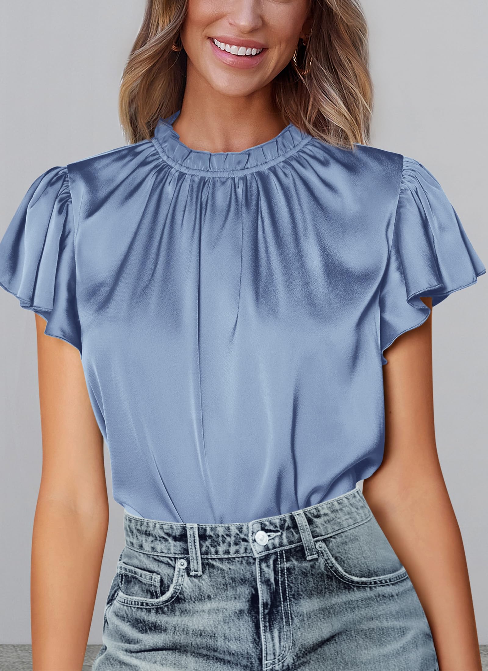 Women's Satin Tops Business Casual Work Blouses, Blue,S