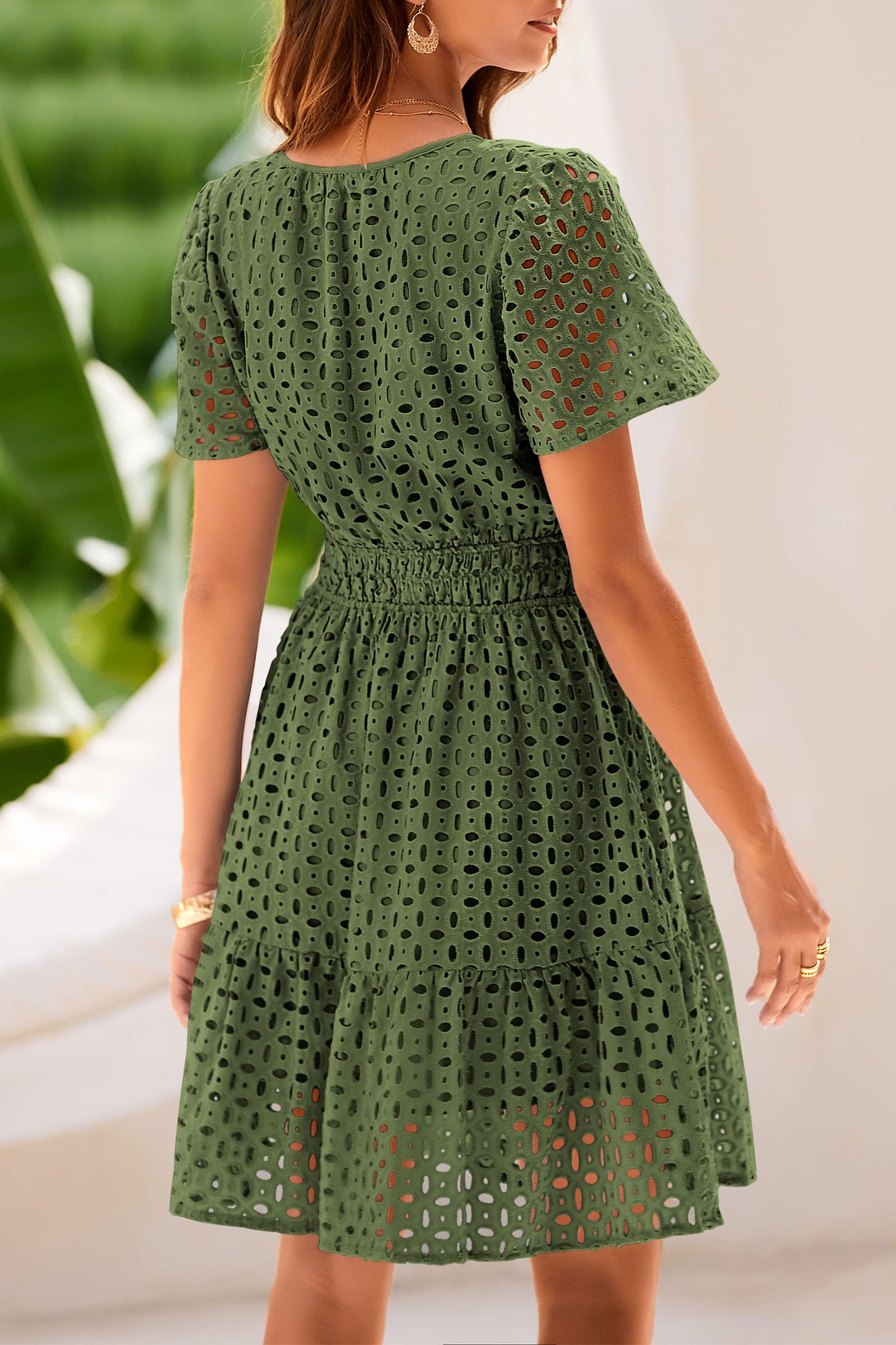 Women's Summer Eyelet Lace Short Dresses (Army Green,S)