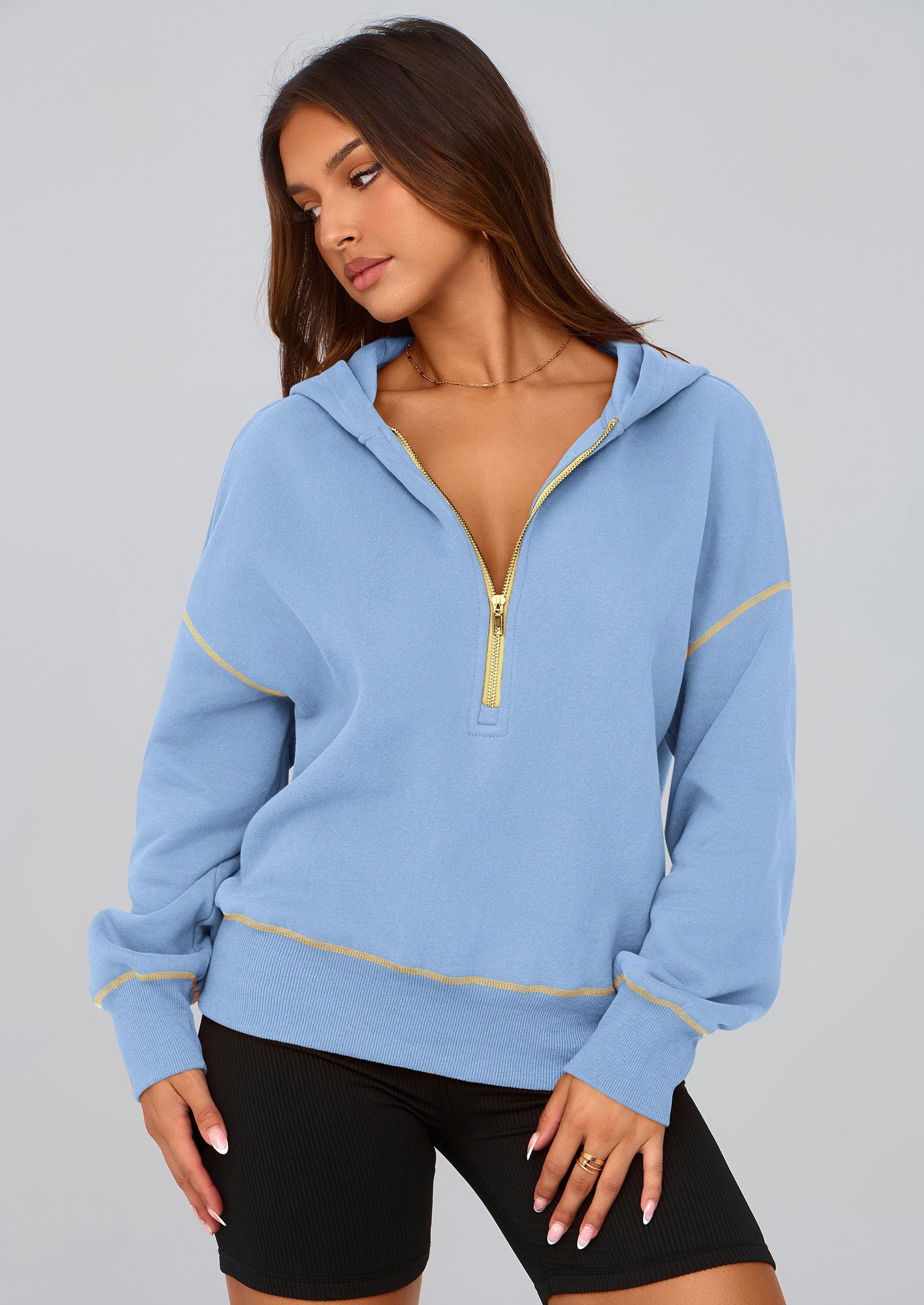 Women's Fall Half Zip Cropped Hoodie Sweatshirt Sky Blue
