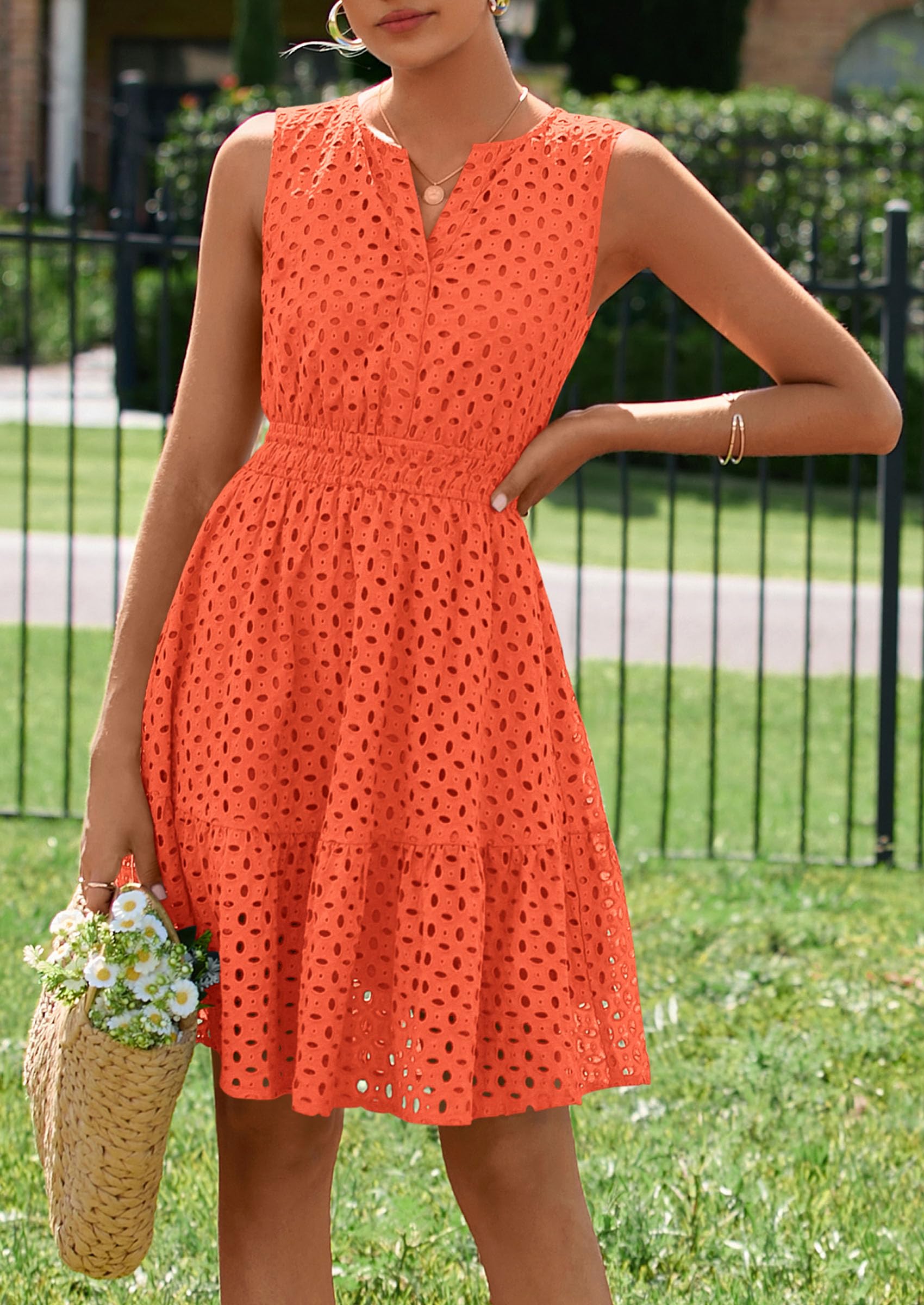 Women's Summer Eyelet A Line Short Dresses,Orange,S