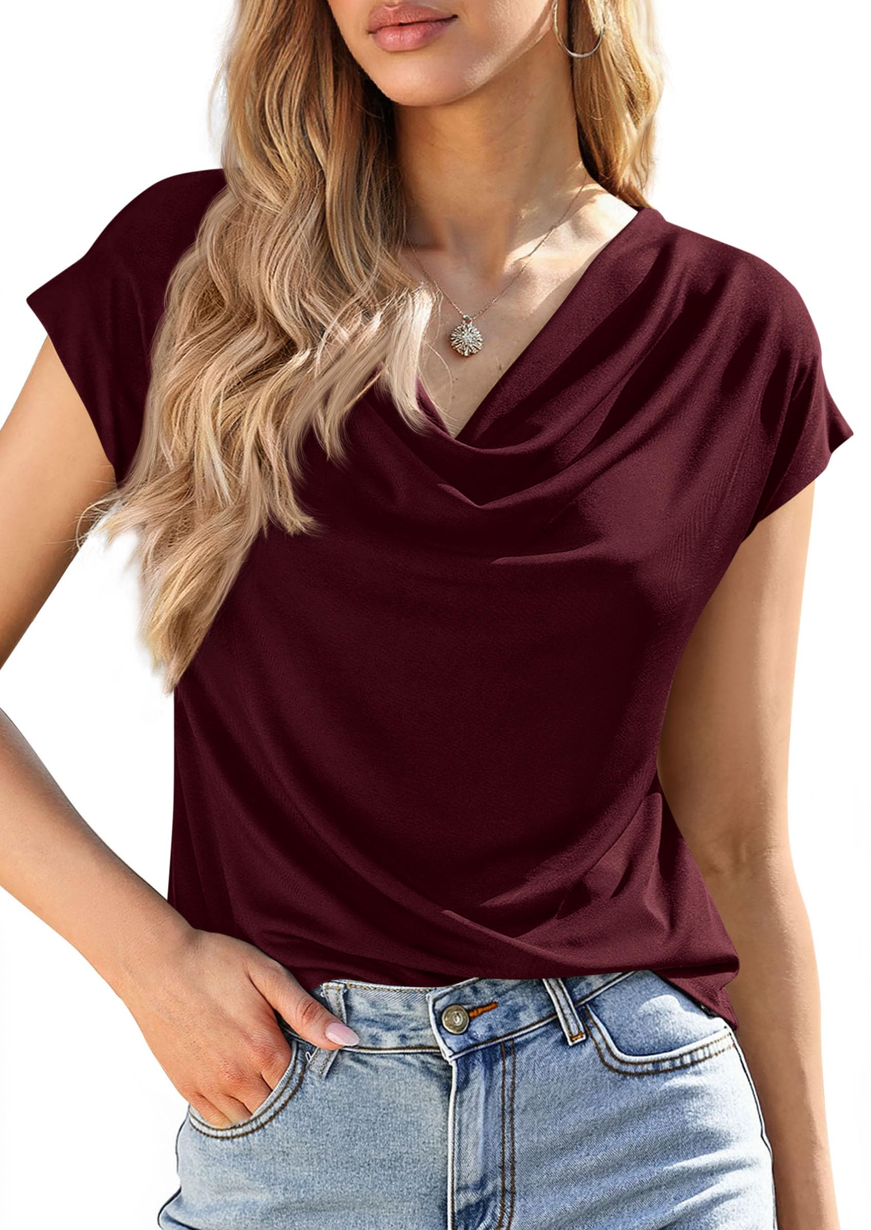 Womens Tops Dressy Business Casual Work Blouses, Burgundy,XS