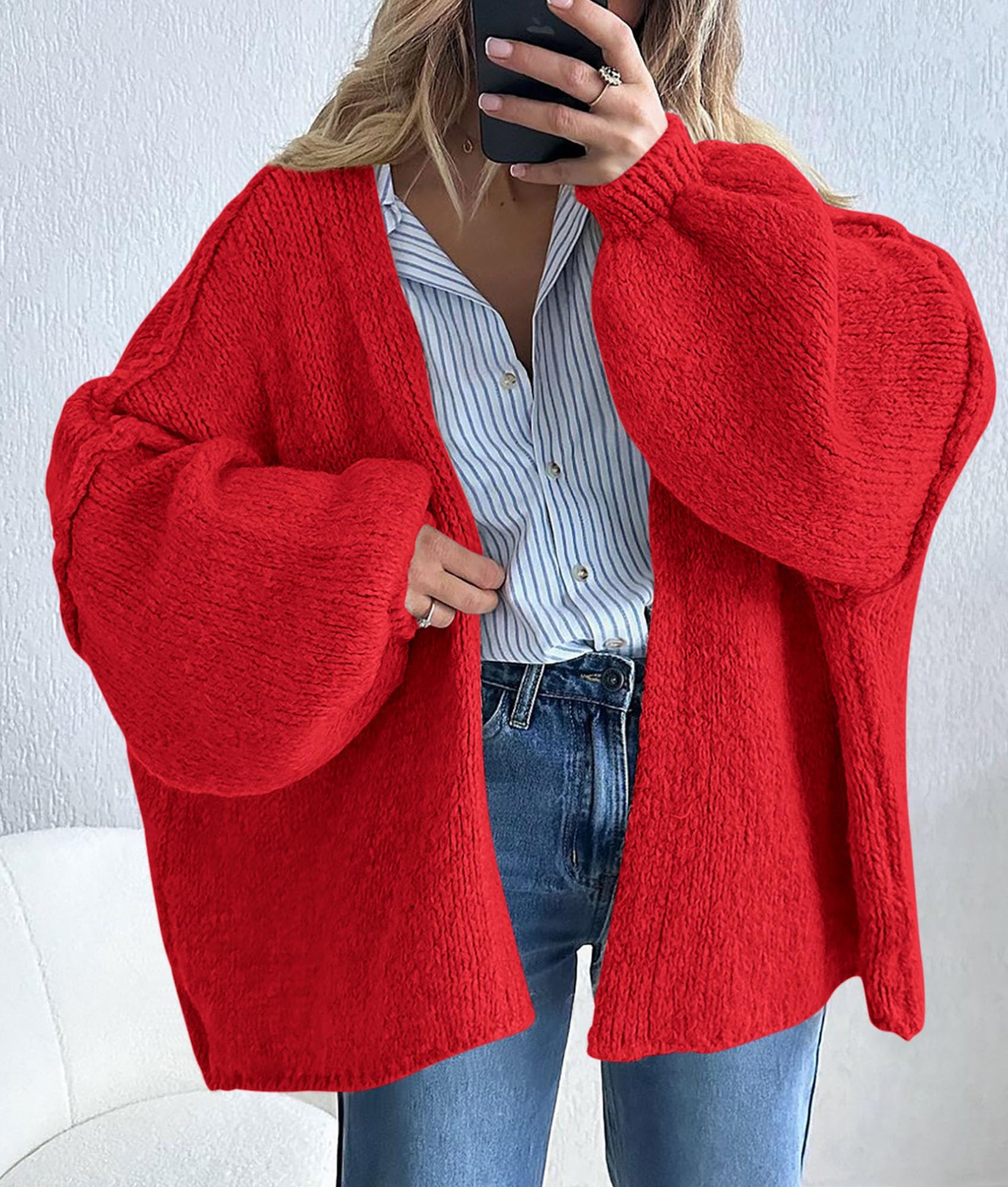 Womens Open Front Oversized Cardigan Sweaters,Red,XS