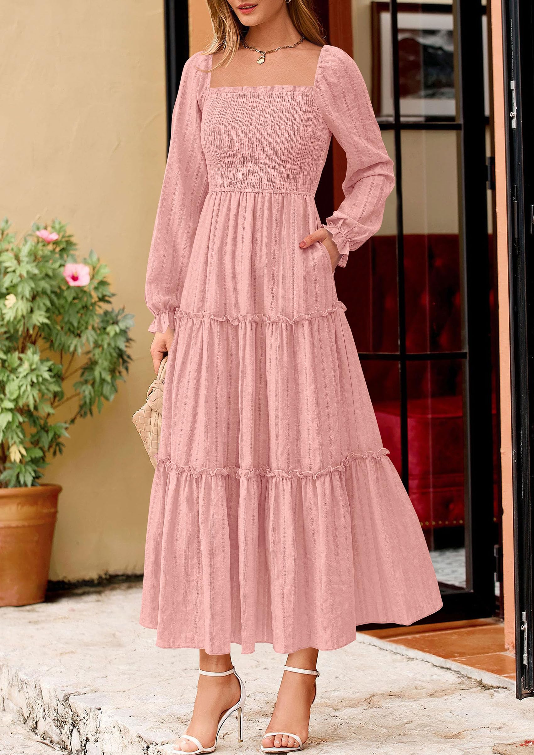 Women's Long Sleeve Ruffle Flowy Maxi Dress,Pink,S
