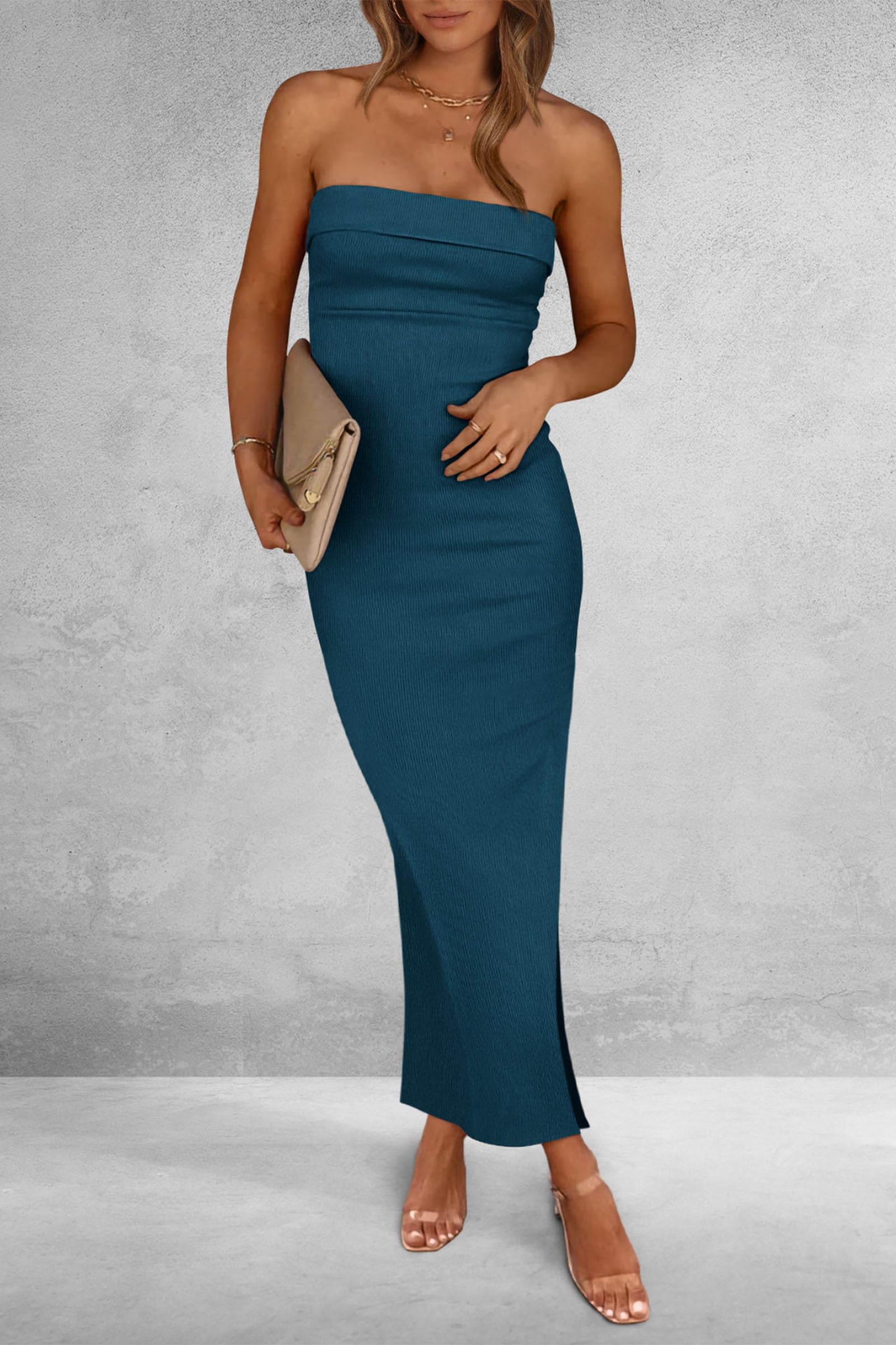 Women's Summer Strapless Cocktail Maxi Dresses Dark Blue