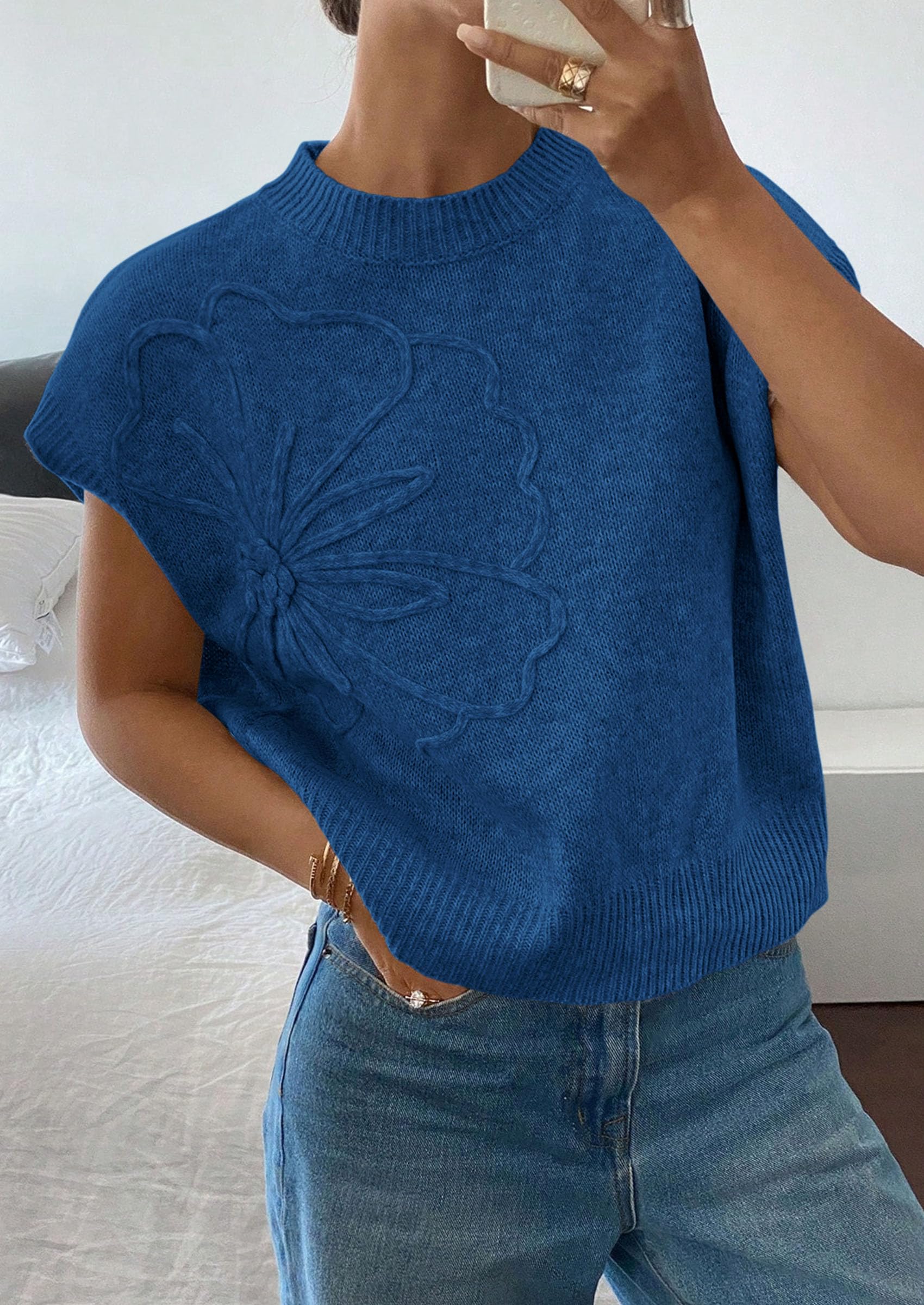 Women's Summer Short Cap Sleeve Sweater Vest (Dark Blue,S)