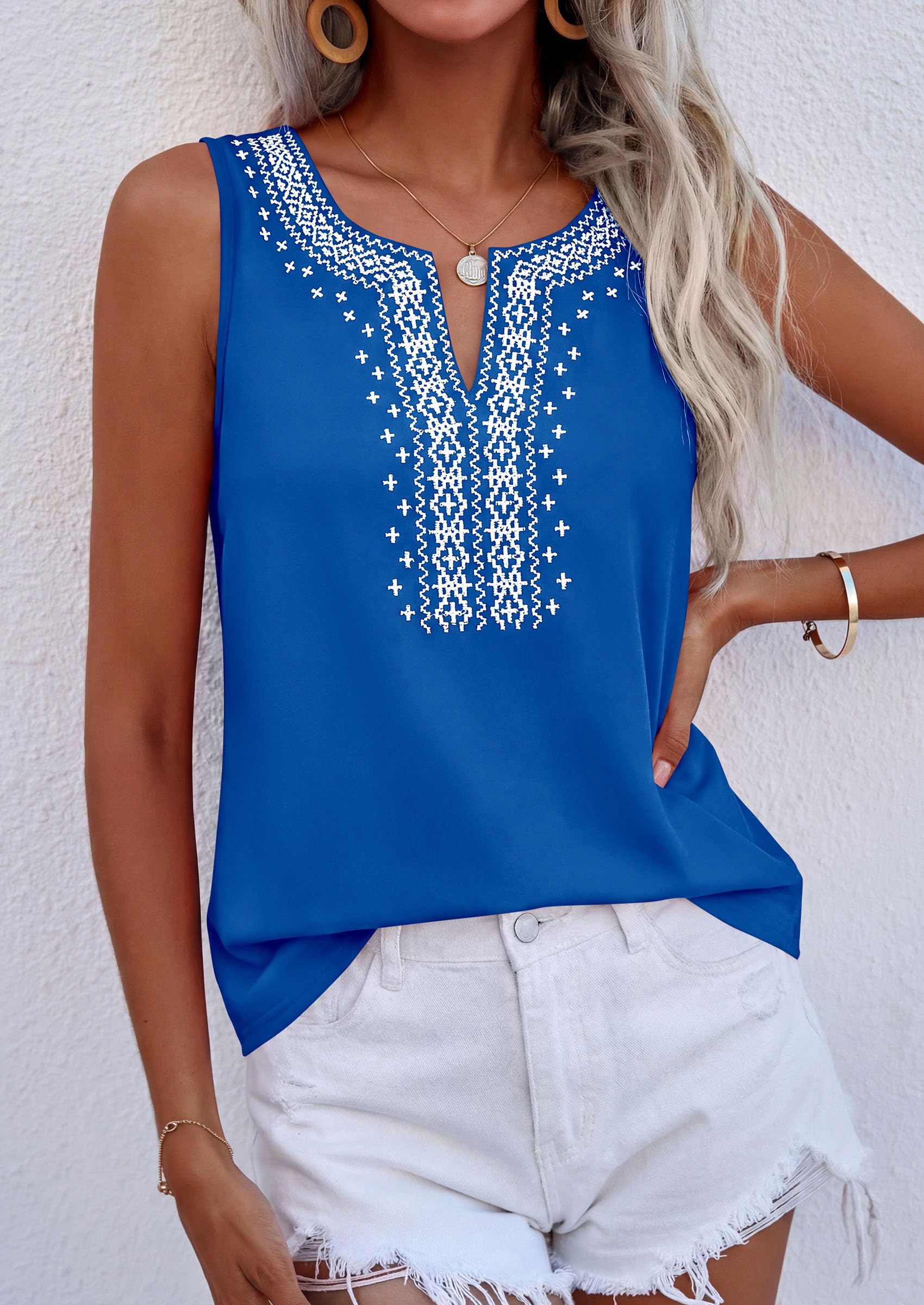 Womens Embroidered Sleeveless Tank Tops Blue,S