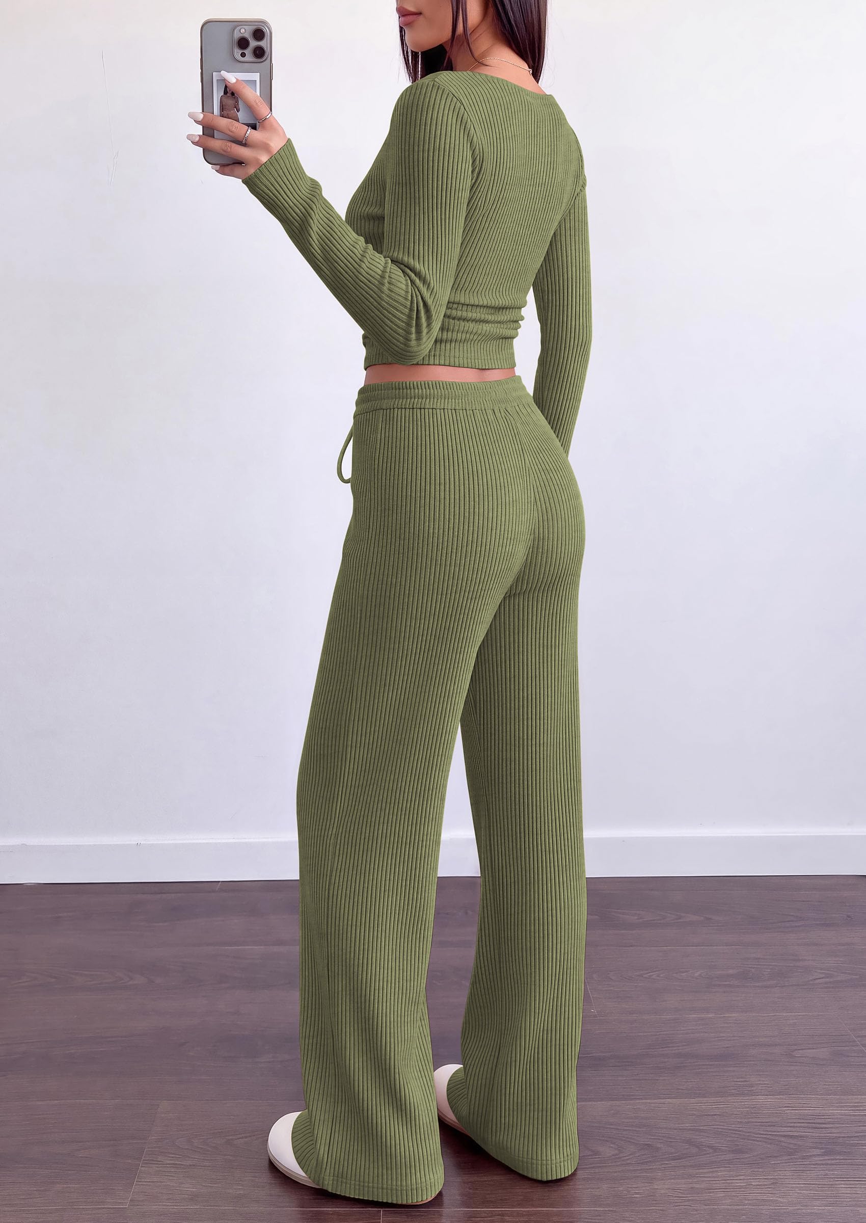Matching Sets Women Clothing Fall Ribbed 2 Piece Lounge Set