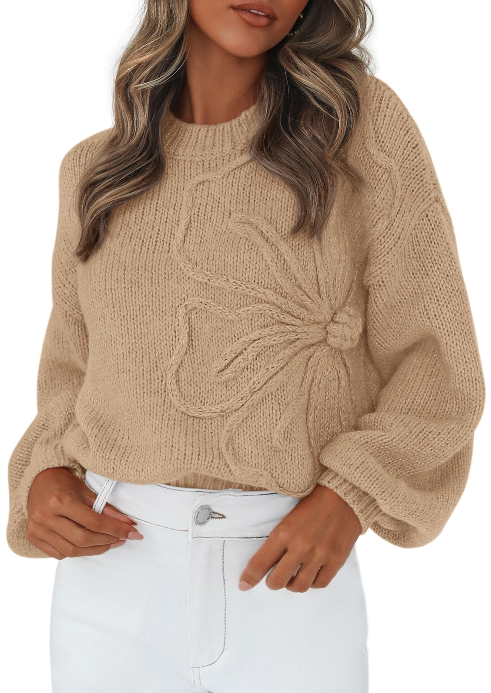Women's Oversized 3D Floral Knit Sweater,Khaki,M