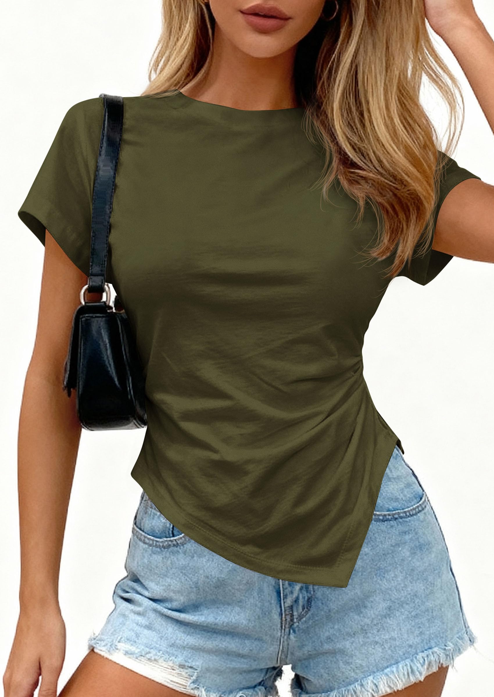 Womens Asymmetrical Summer Short Sleeve Tops,Army Green,XS