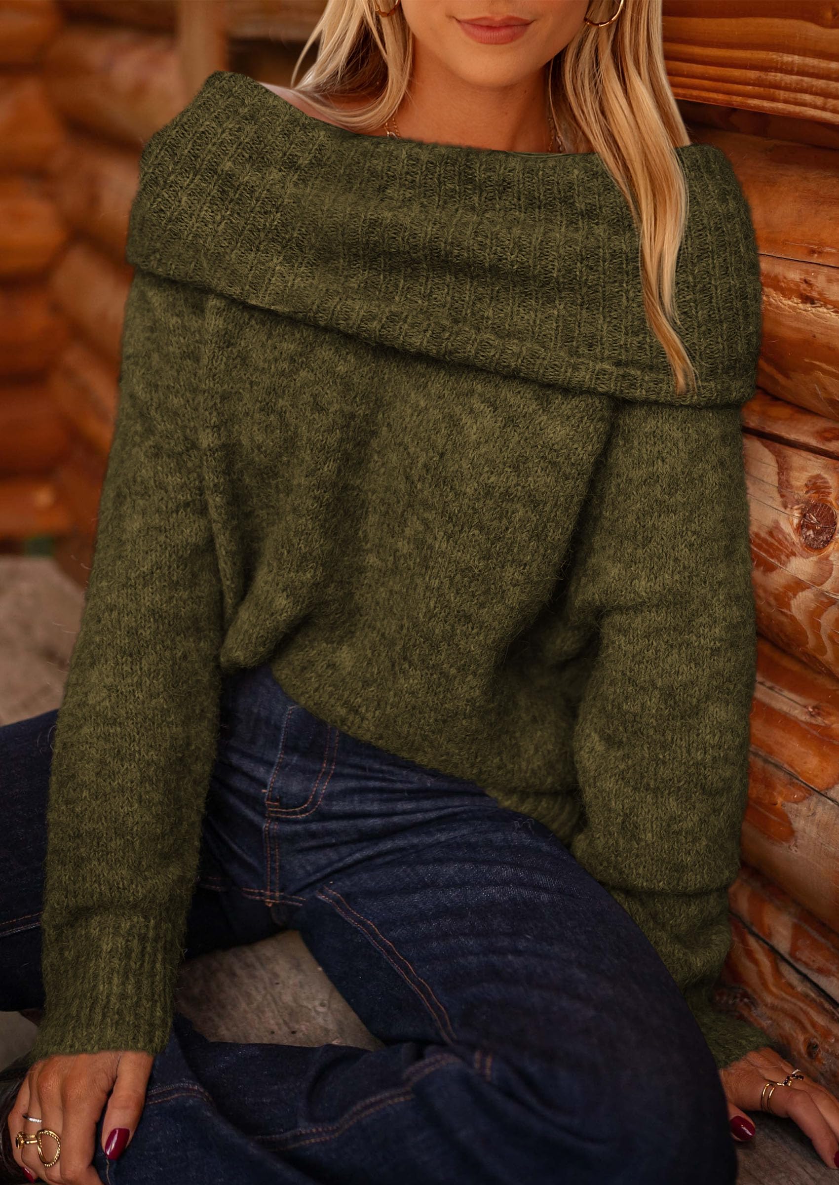 Women's Fall Off The Shoulder Sweater,Army Green,S