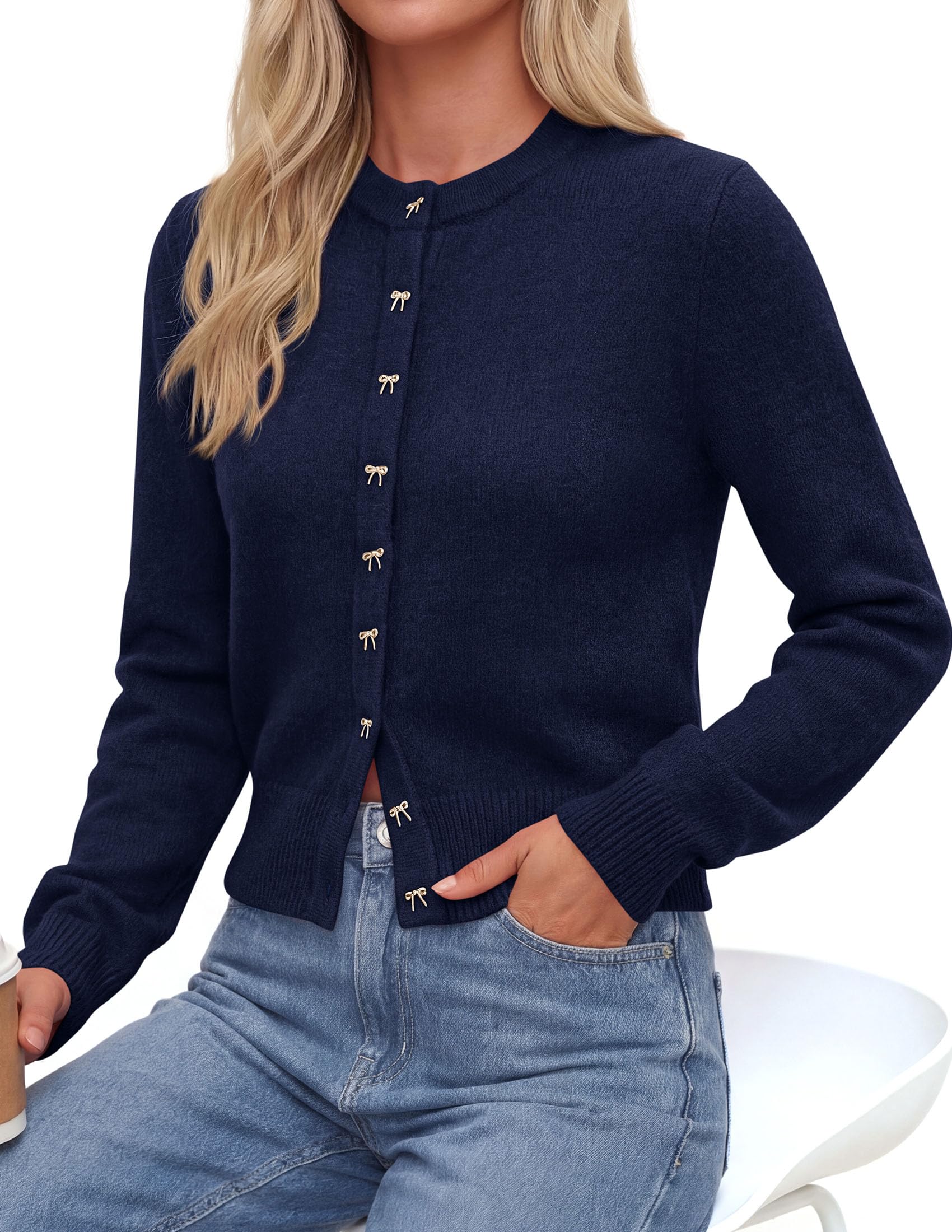 Cardigan Sweaters for Women Cropped Bow Button Up Cardigan