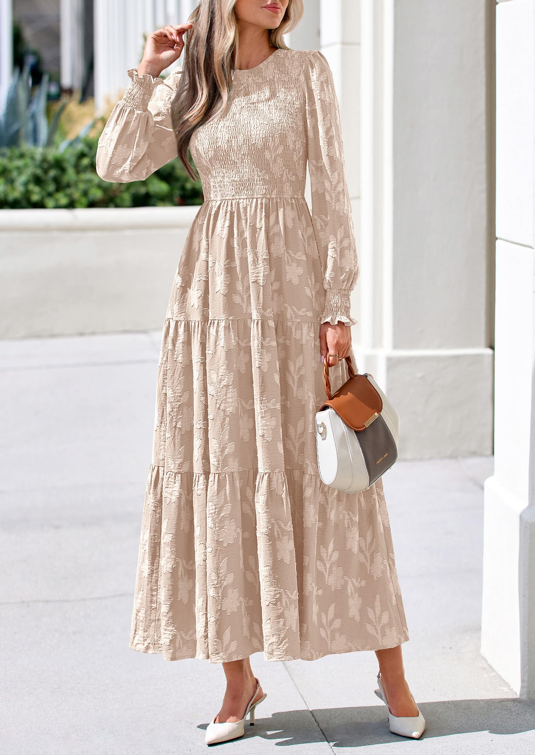 Fall Floral Long Sleeve Wedding Guest Dress for Women Pockets