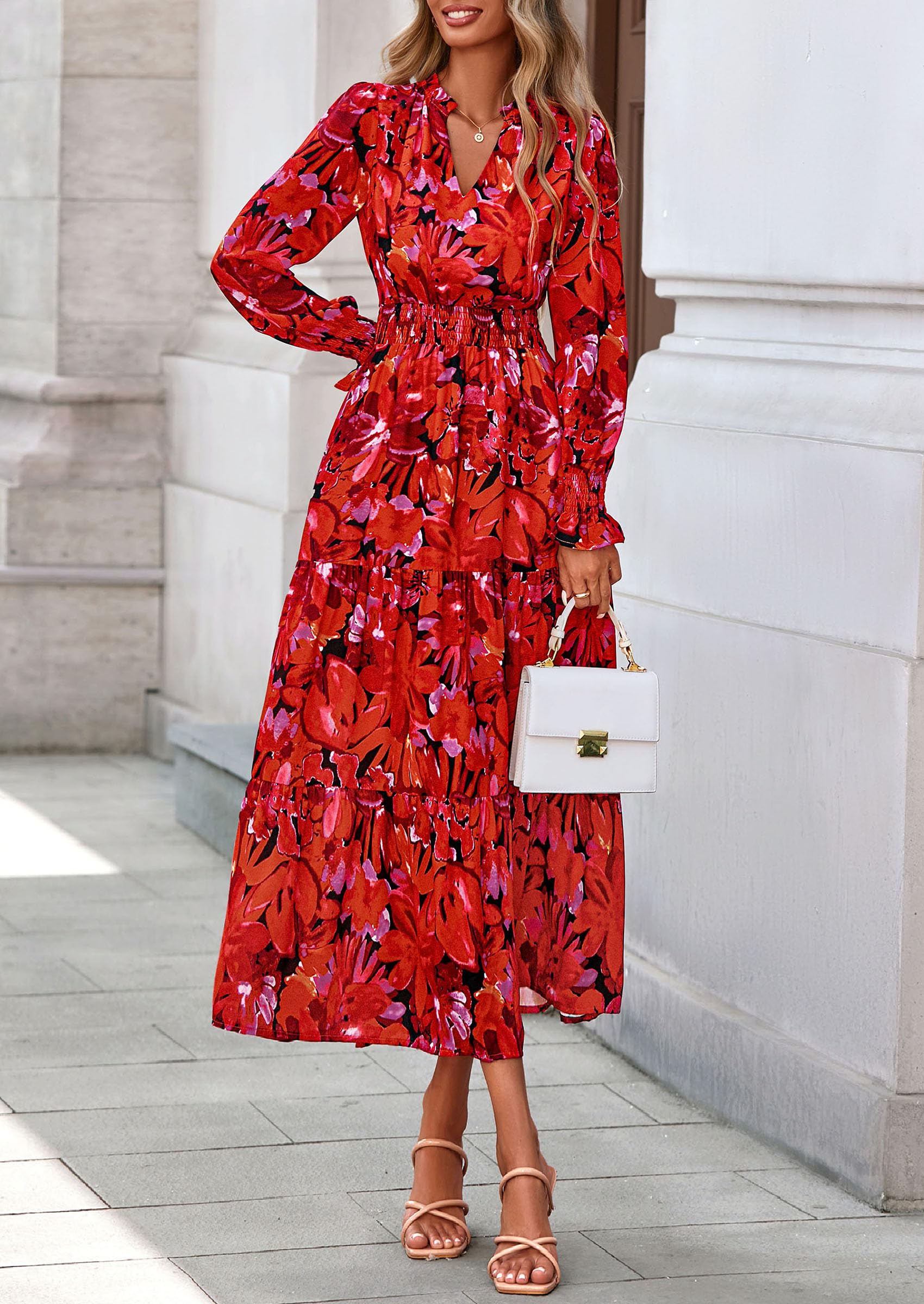 Women's Floral Maxi Dress Fall A Line Wedding Guest Dresses