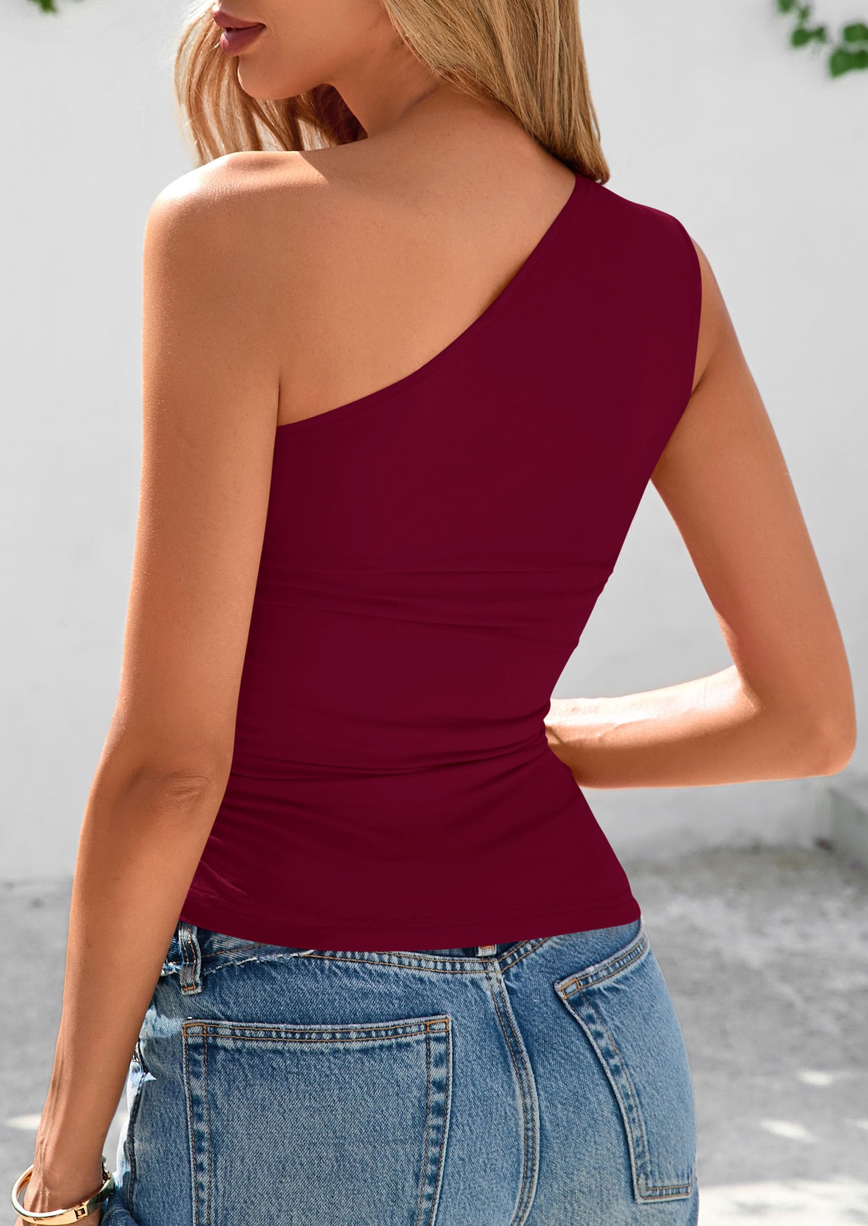 One Shoulder Summer Tops for Women,Wine Red,XS