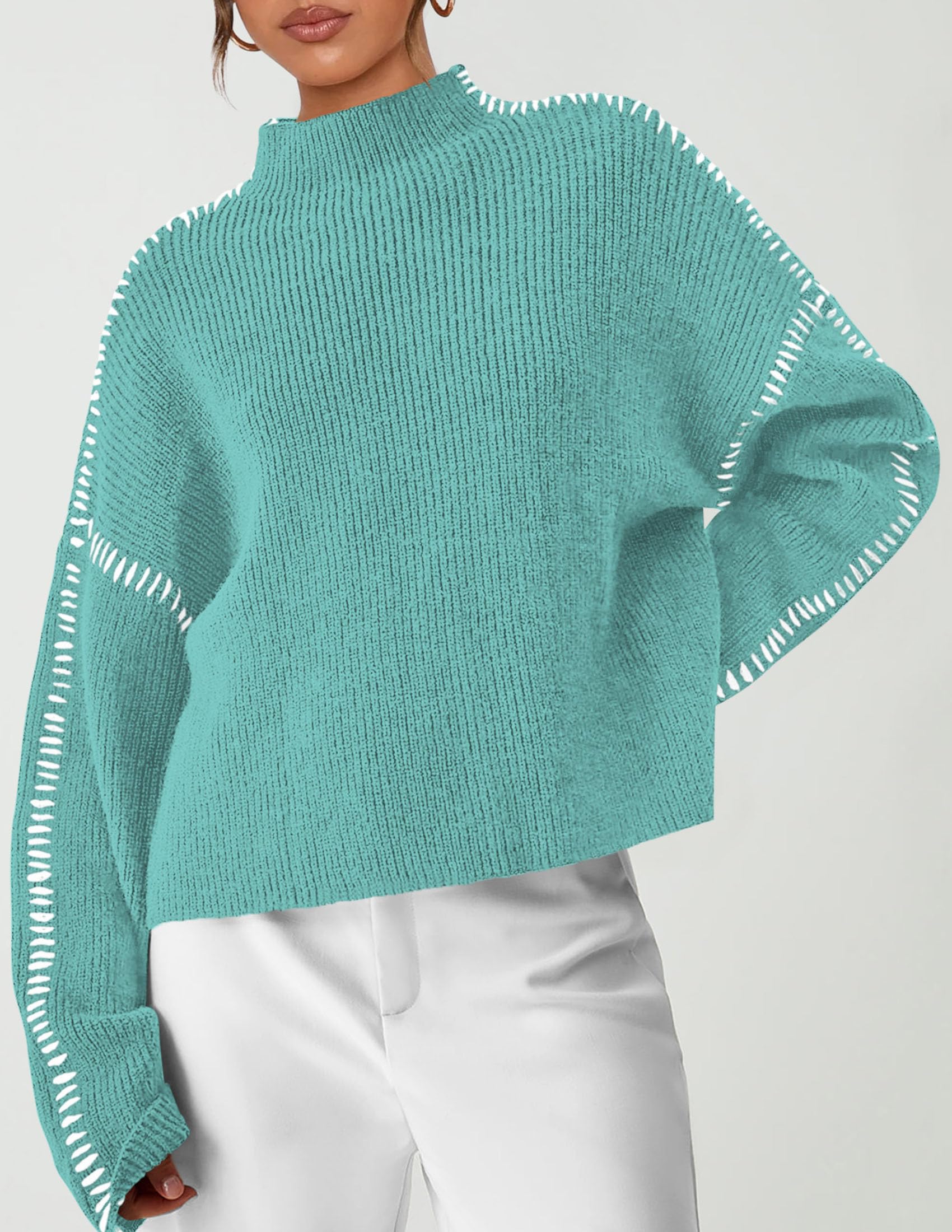 Womens Chunky Knit Oversized Pullover Sweaters,Aqua Blue,S