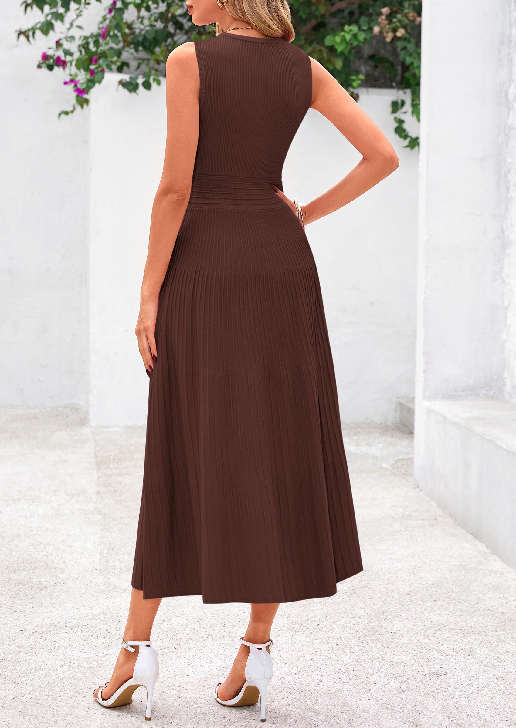 Women's Summer Pleated Midi Work Dress,Brown,S