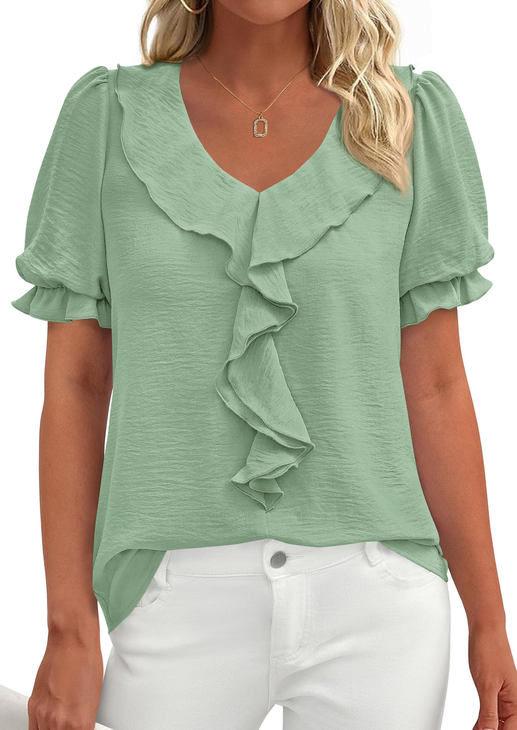 Women's Summer Ruffle Dressy Casual Blouses (Light Green,S)