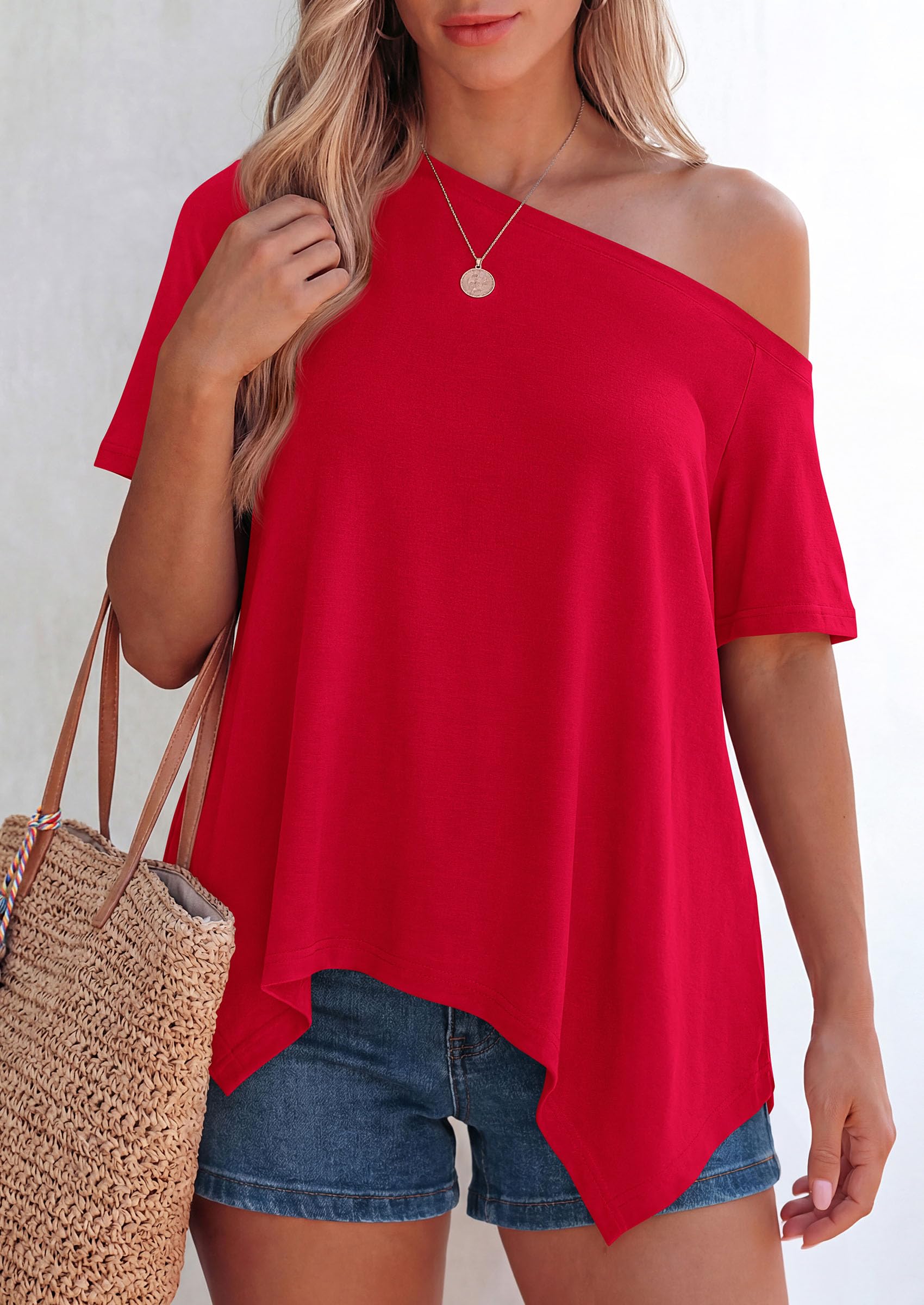 Off Shoulder Tops for Women Oversized Tshirts, Red,S
