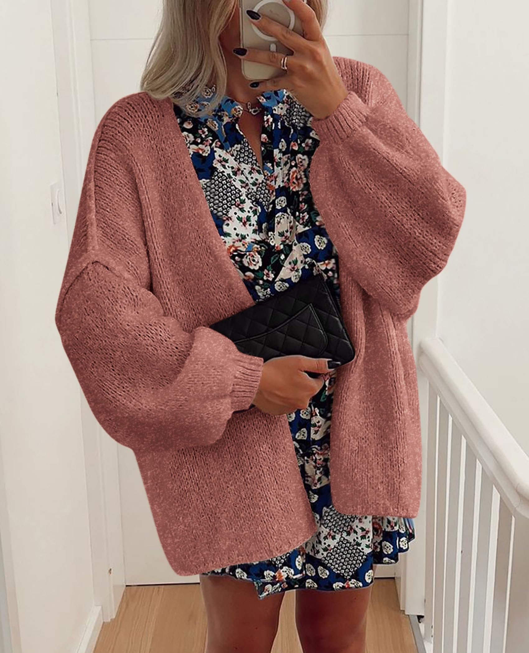 Womens Open Front Oversized Cardigan Sweaters,Grey Pink,XS