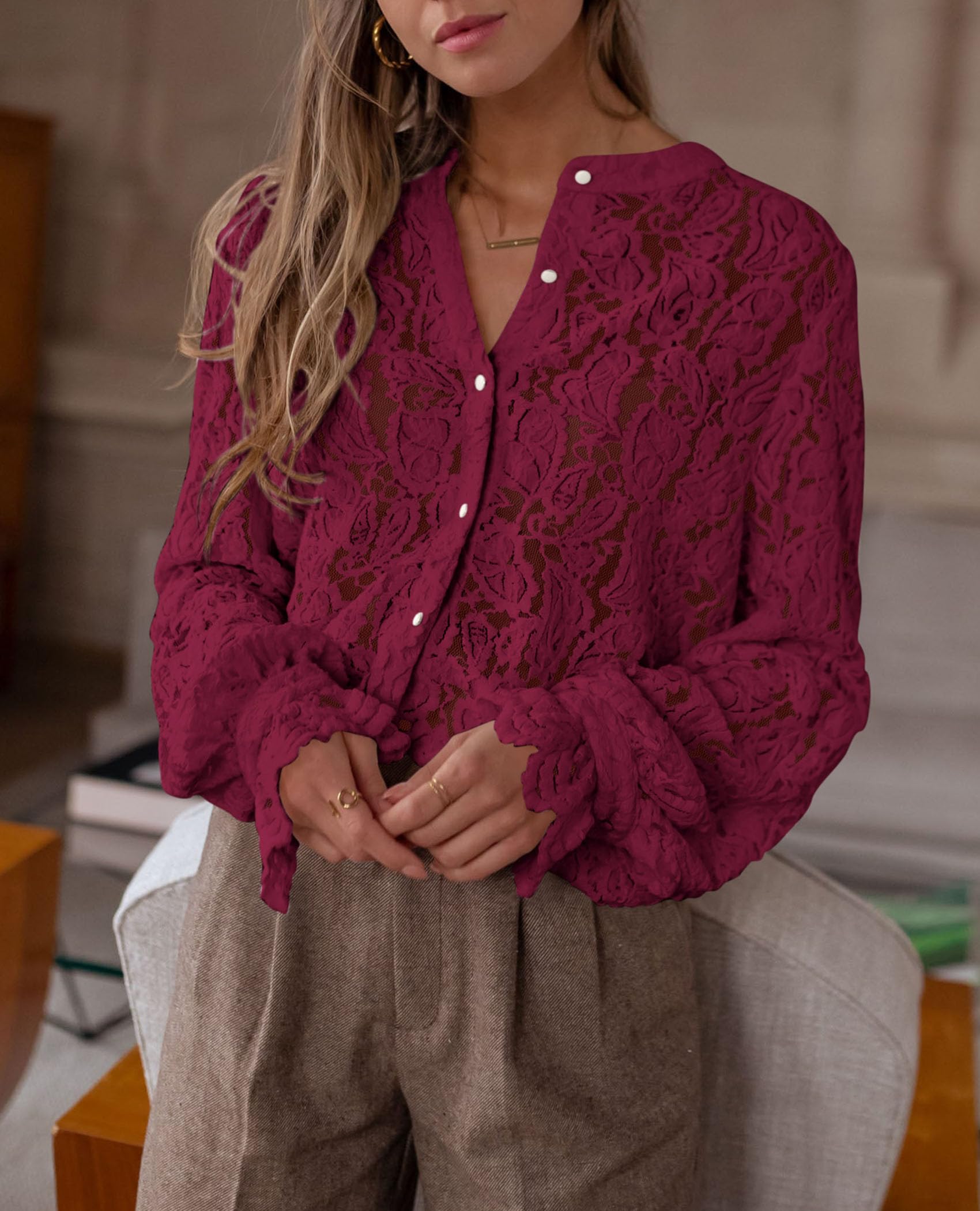 Women's Fall Trendy Long Sleeve Lace Tops(Wine Red,Small)