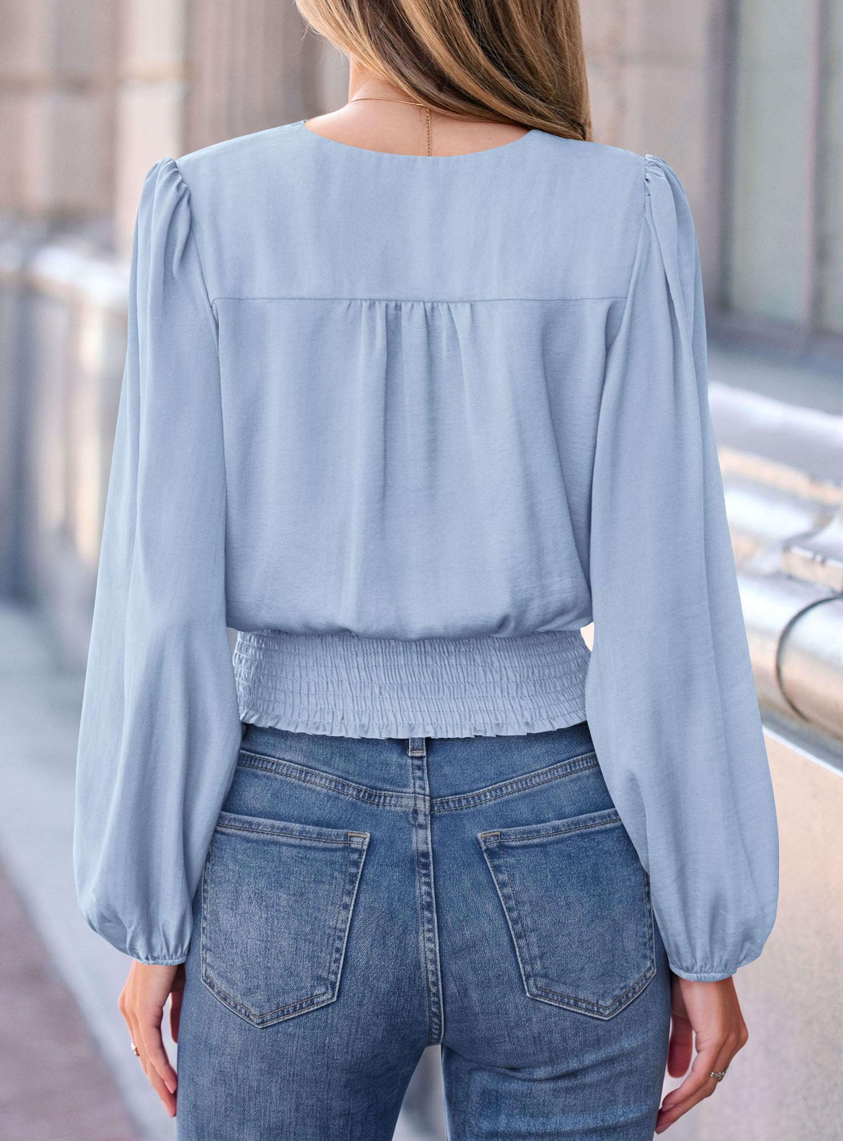 Women's Long Sleeve V Neck Wrap Blouse,Light Blue,S