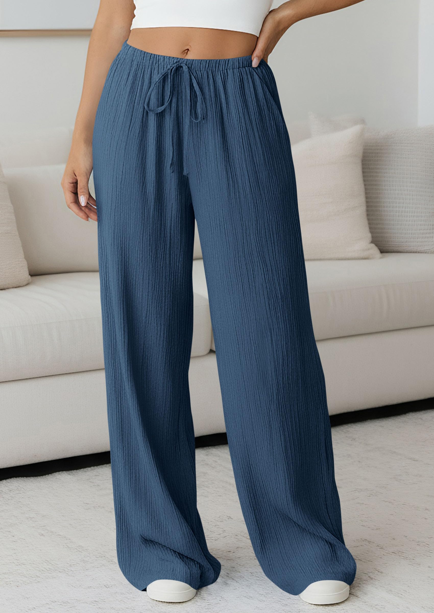 Women's Palazzo Pants Casual Wide Leg Trousers,Dark Blue,S