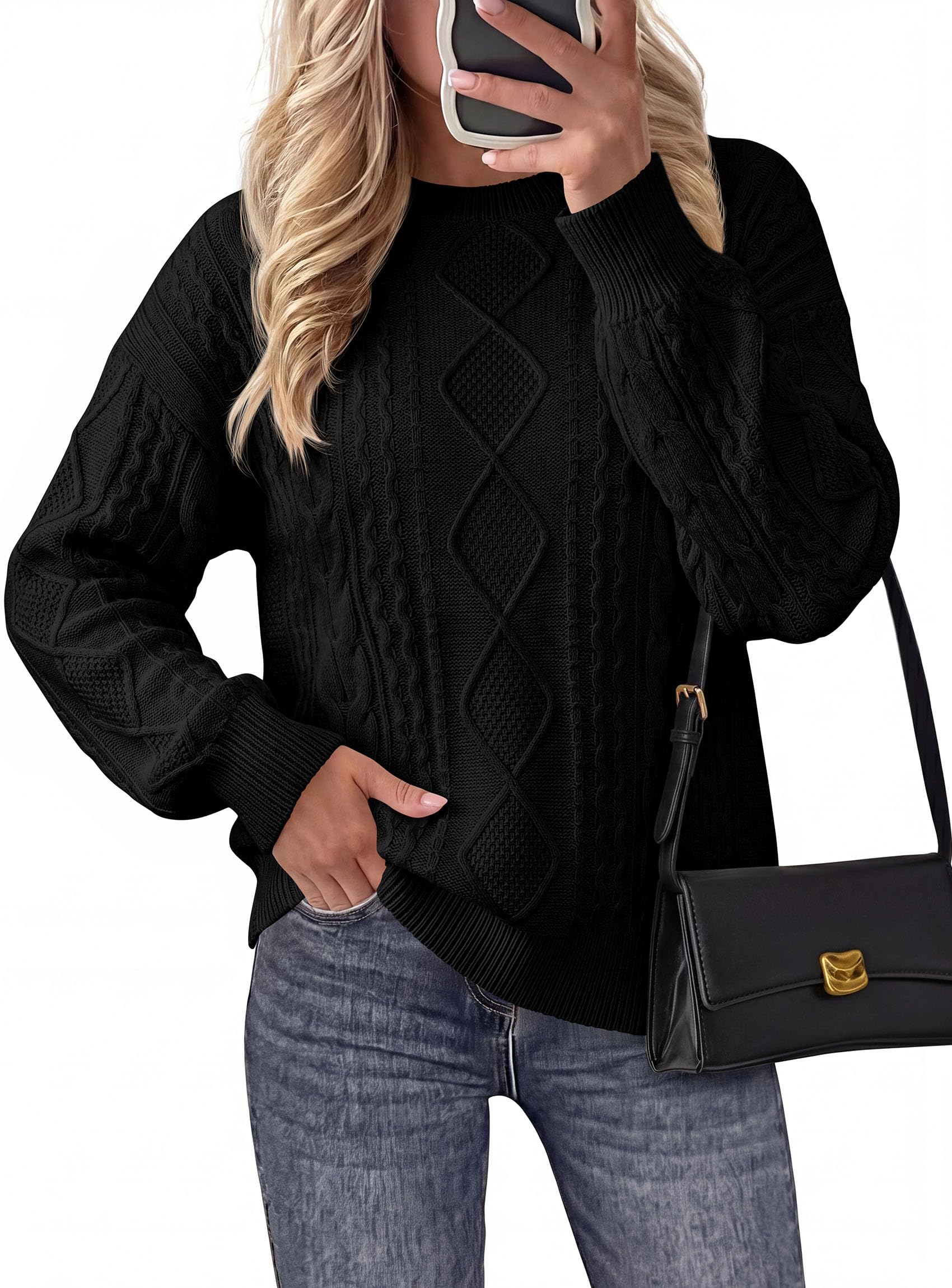 Women's Crewneck Cable Knit Sweater Pullover Tops Black