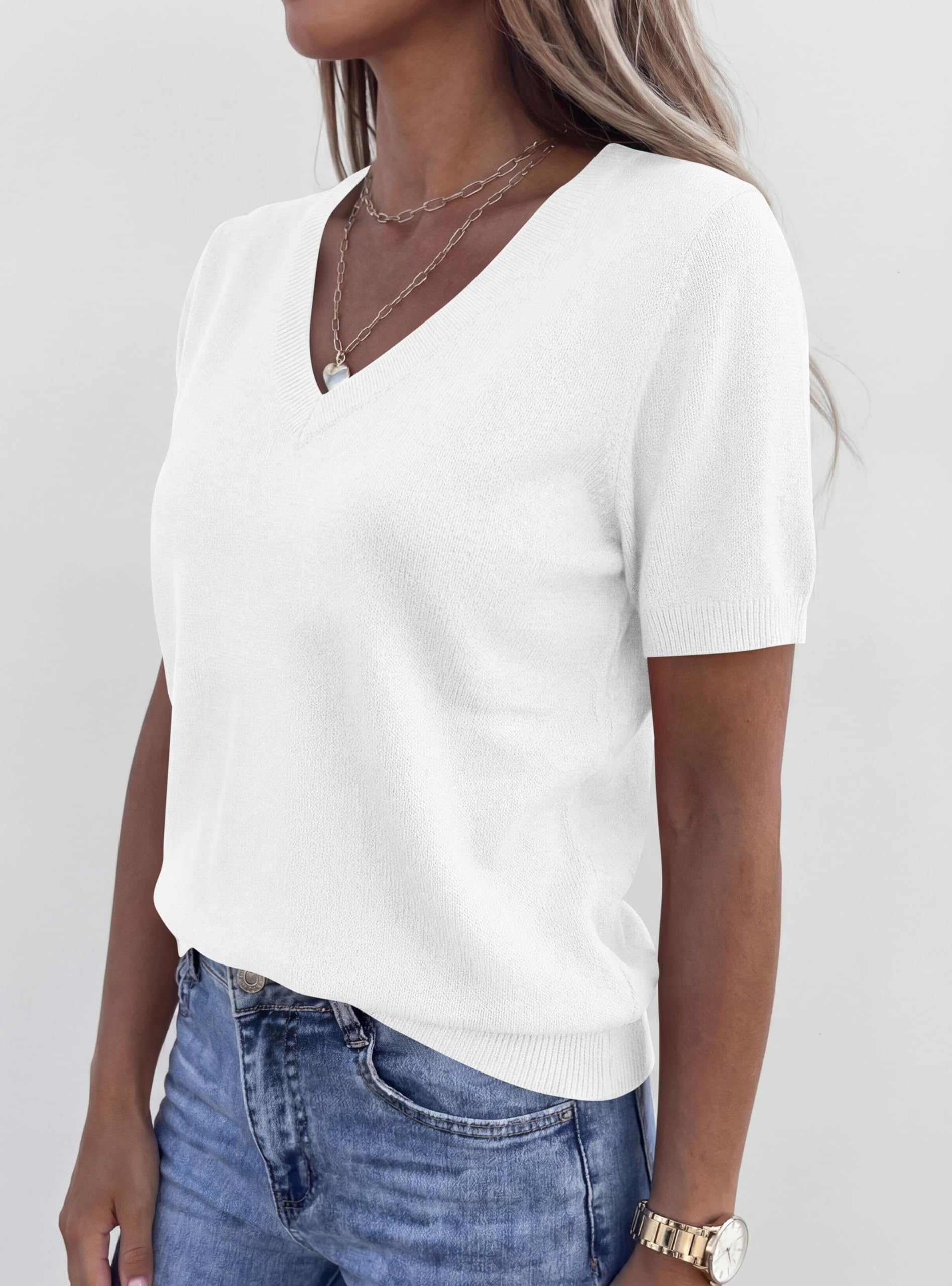 Womens Short Sleeve Sweater V Neck Tops,White,S