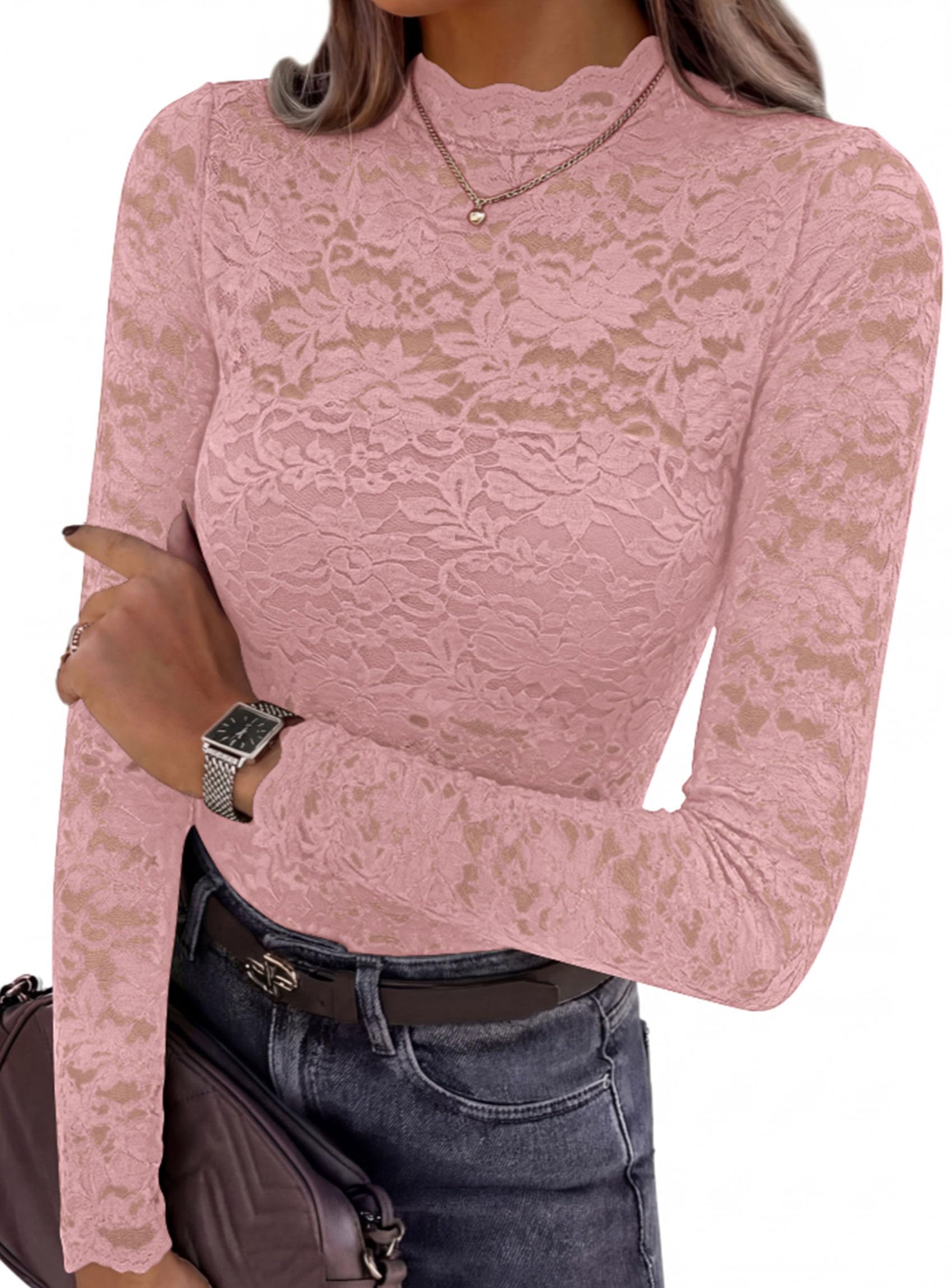 Womens Lace Long Sleeve Tops Sheer Mesh Blouse Pink,S