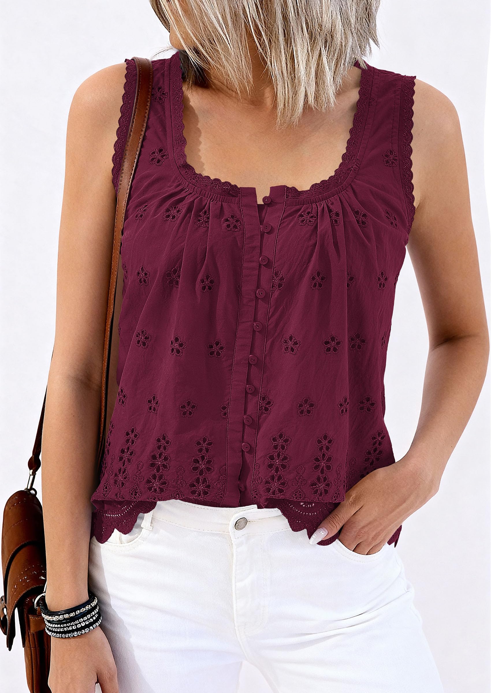 Women's Lace Tank Top Embroidery Eyelet Blouses,Burgundy,S
