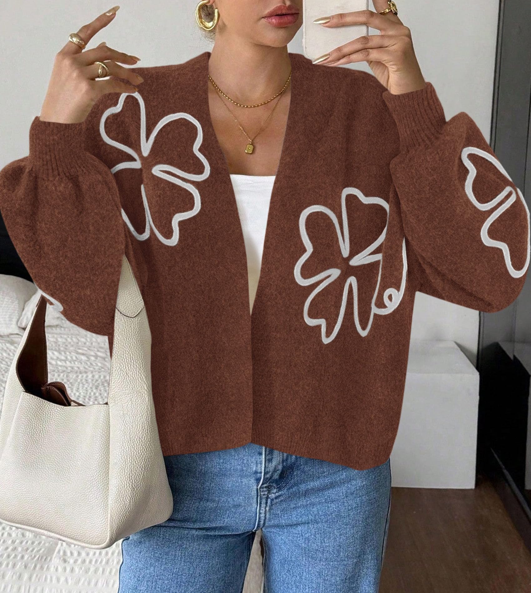 Women's Floral Oversized Cardigan Sweaters Trendy Fall Outfits
