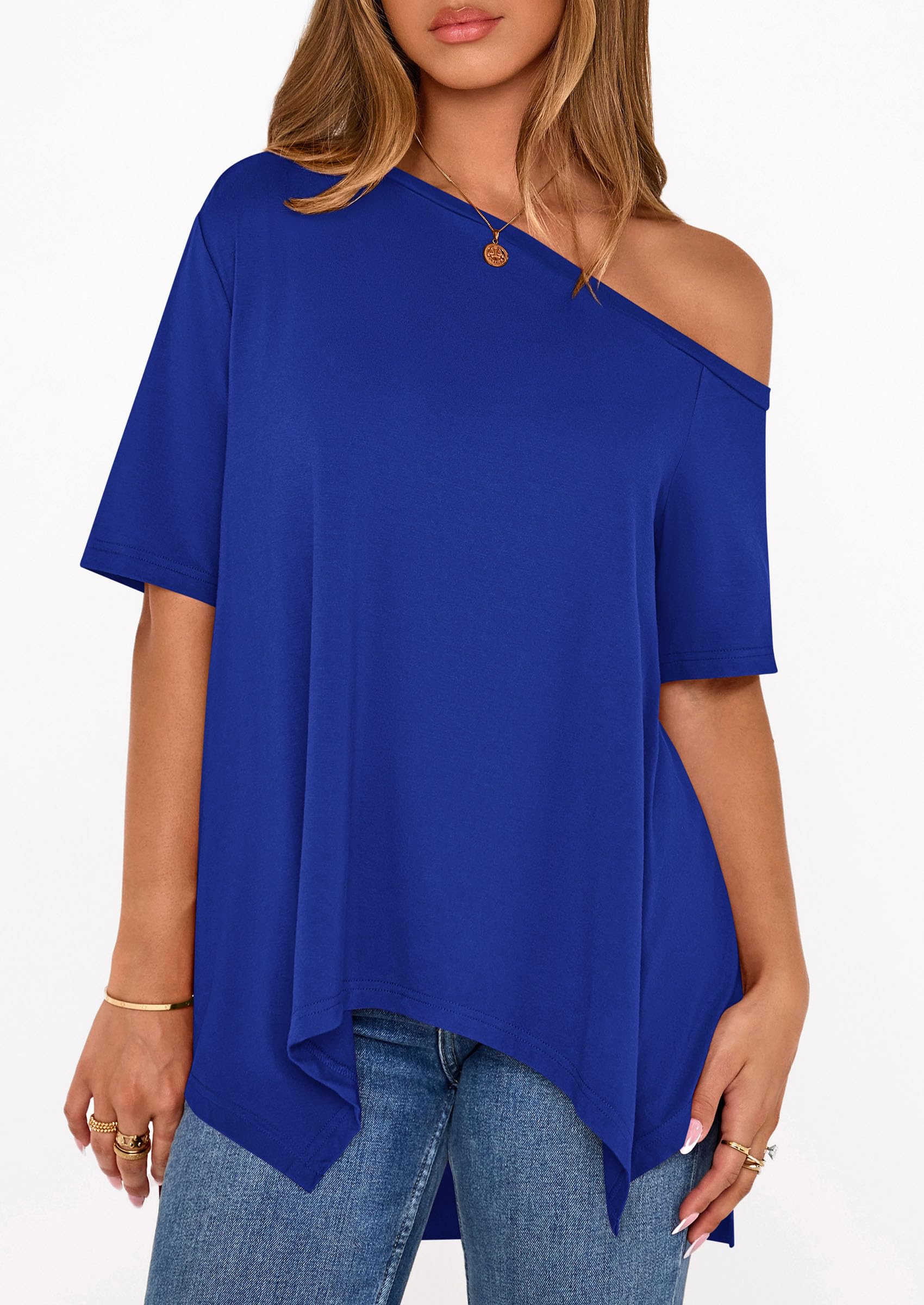 Off Shoulder Tops for Women Oversized Tshirts, Royal Blue,S