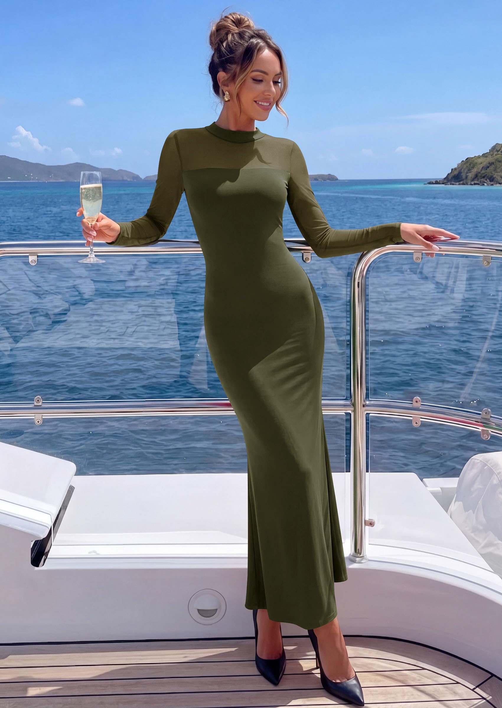 Women's Long Sleeve Formal Mesh Fall Wedding Guest Maxi Dress