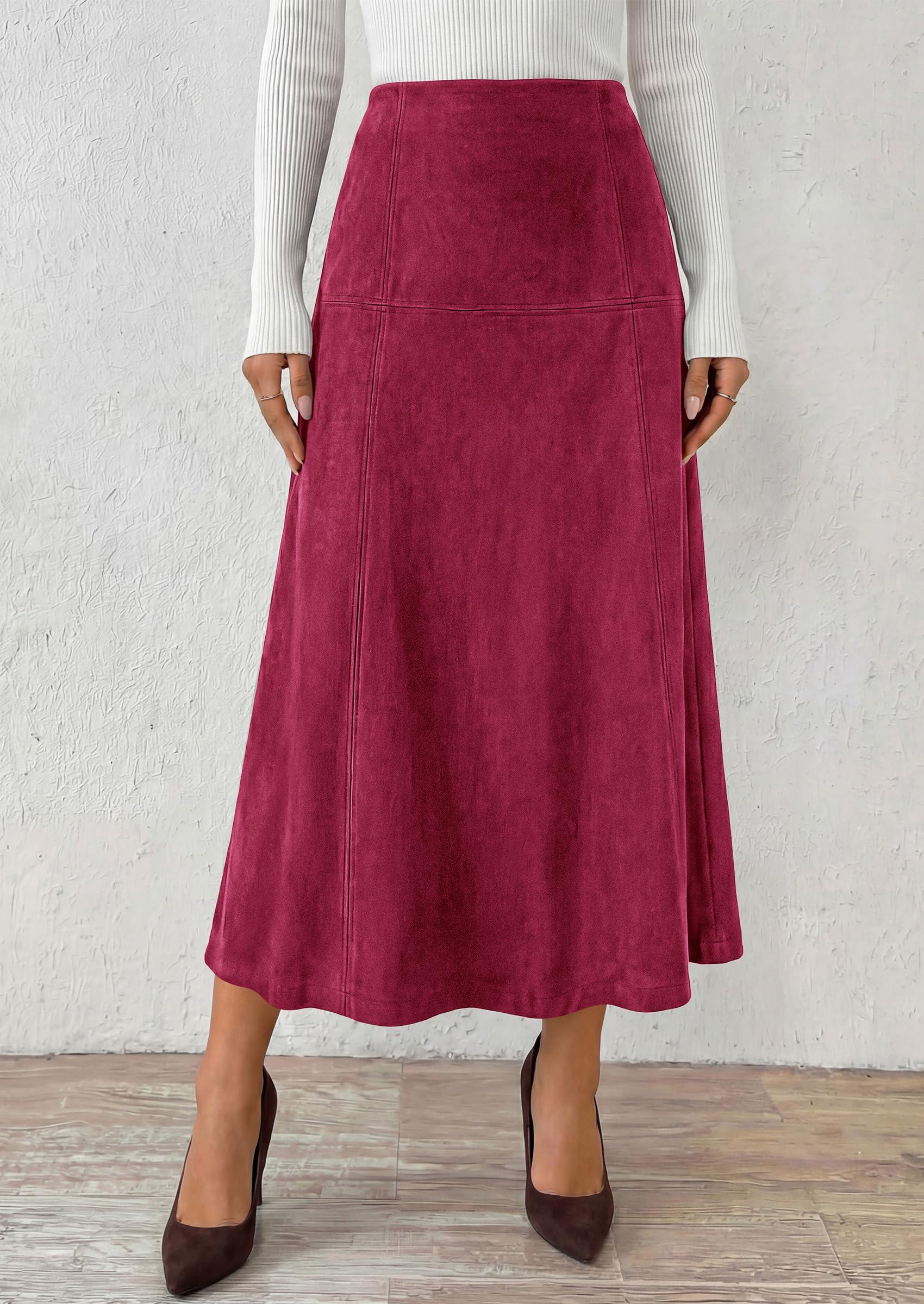 Womens High Waist Faux Suede A Line Midi Skirt,Wine Red,S