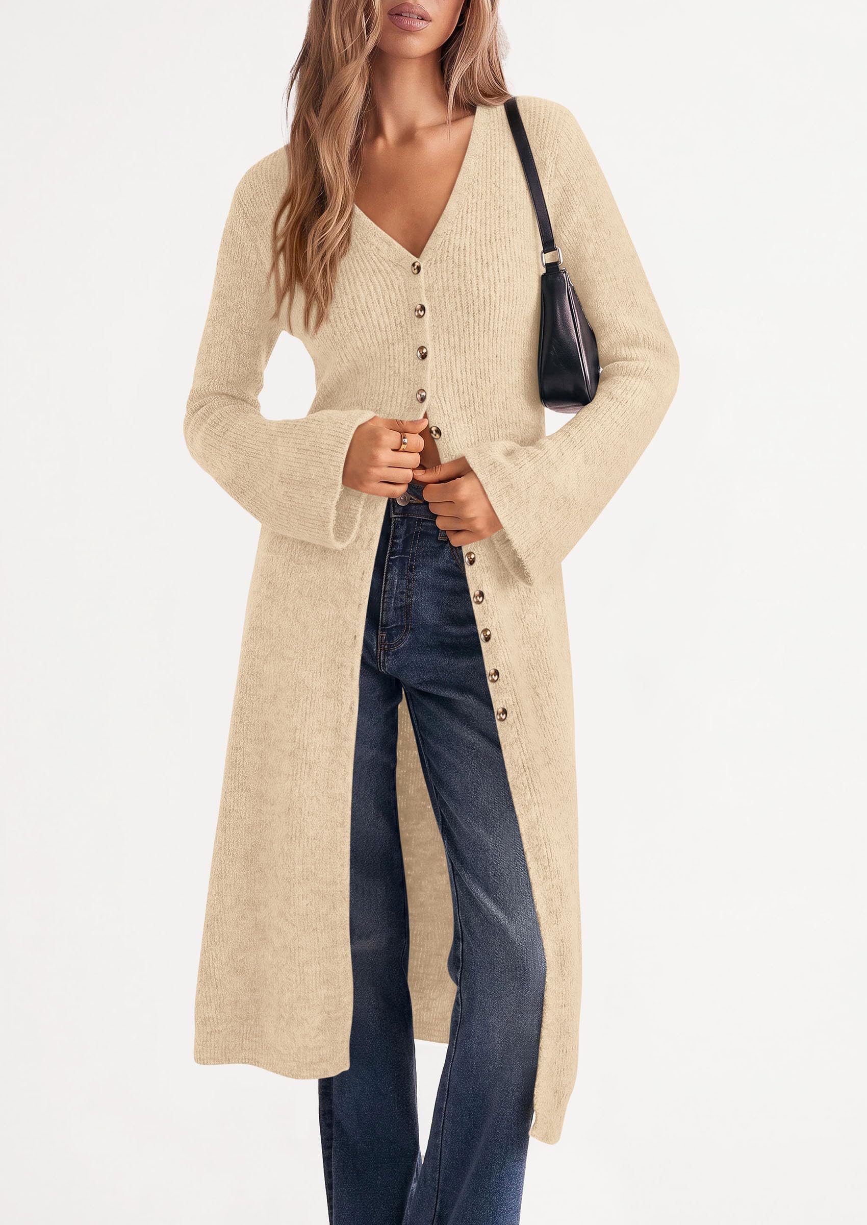 Women Long Cardigan Bell Sleeve Sweater Dress (Beige,S)