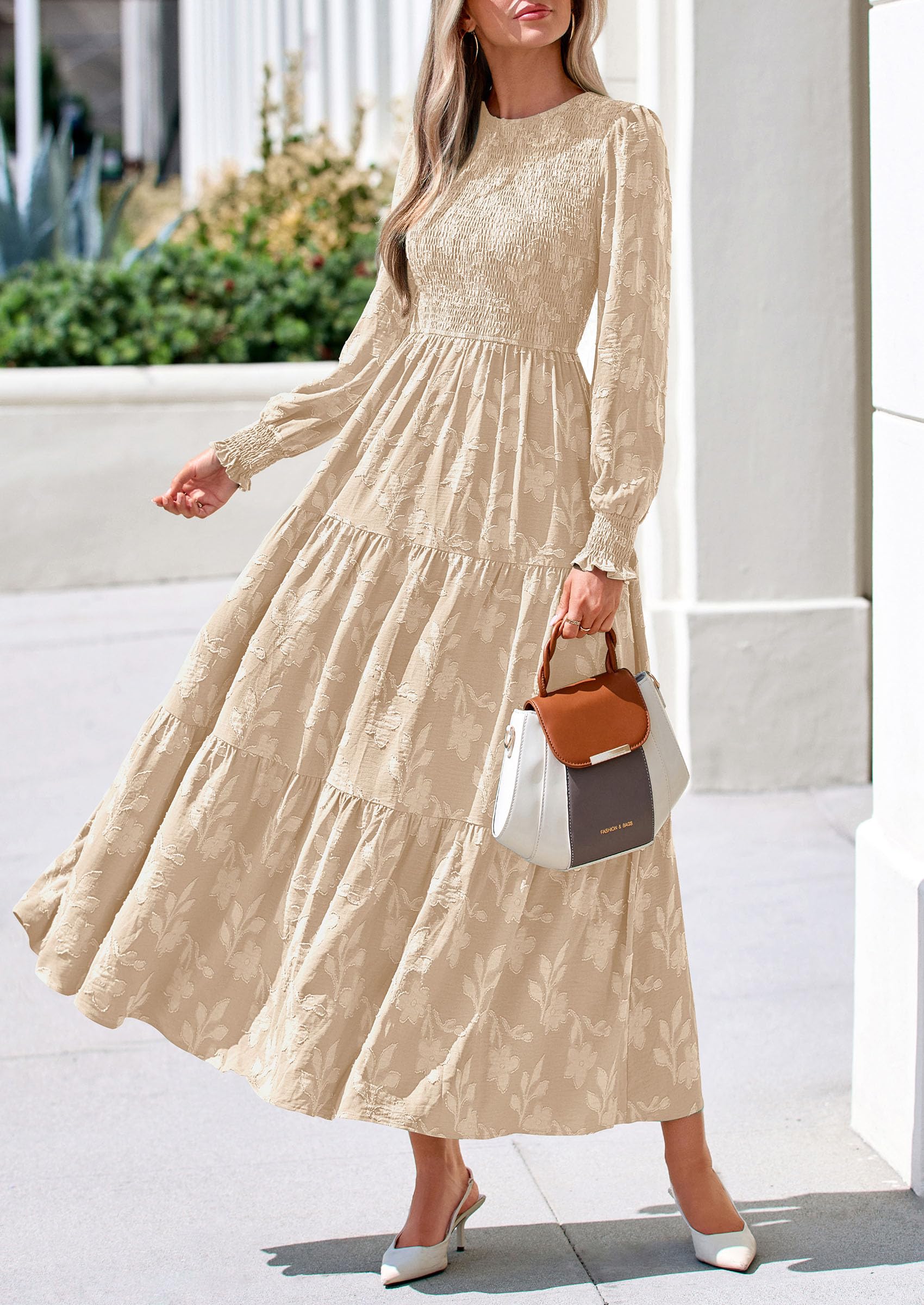Fall Floral Long Sleeve Wedding Guest Dress for Women Pockets