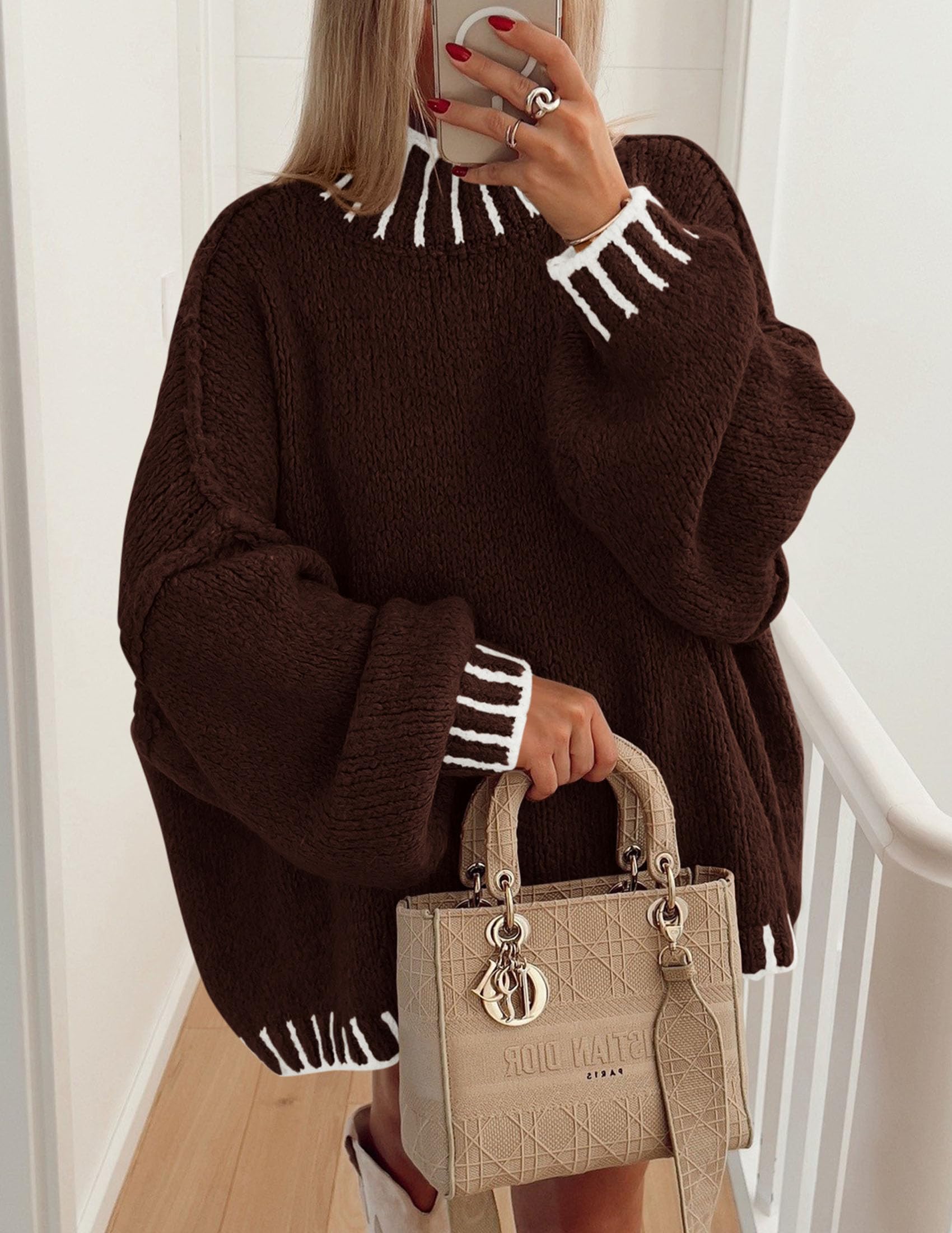 Women's Mock Neck Oversized Pullover Sweaters,Brown,XS