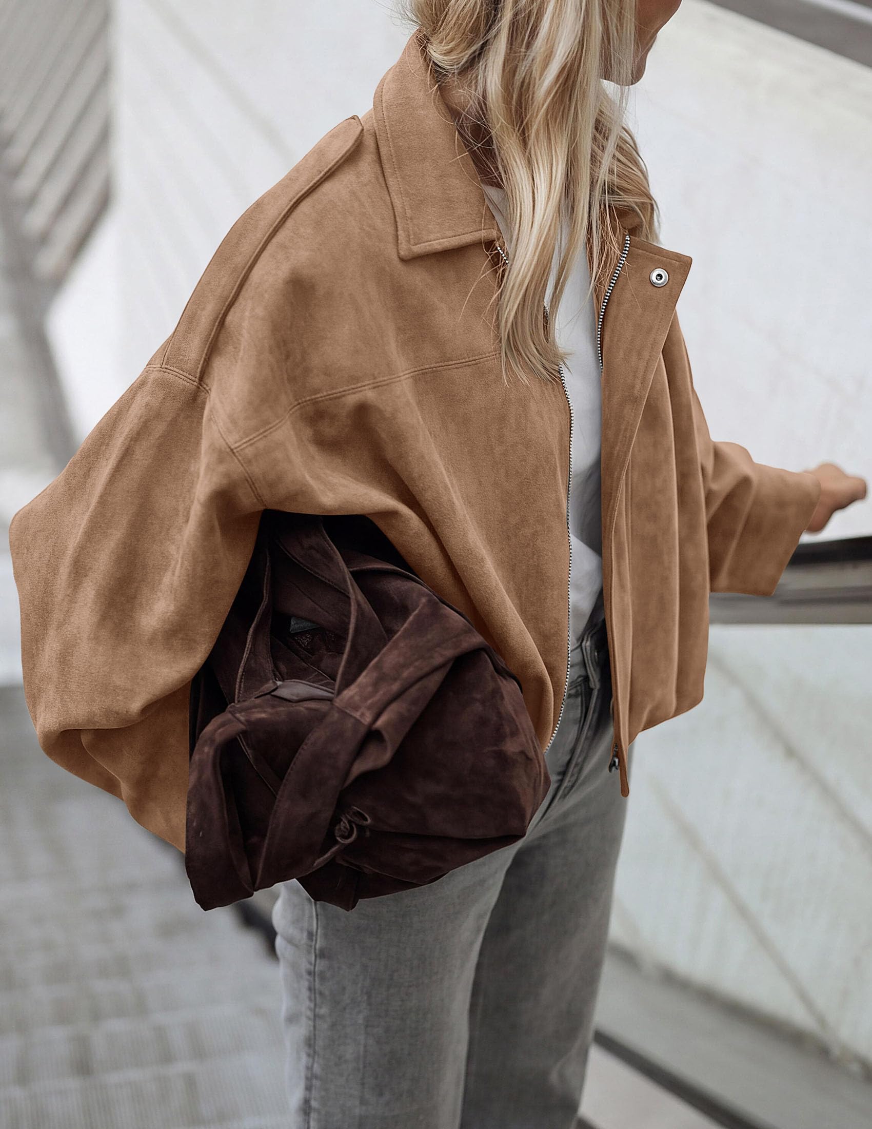 Faux Suede Jacket Women Fall Cropped Western Bomber Jacket