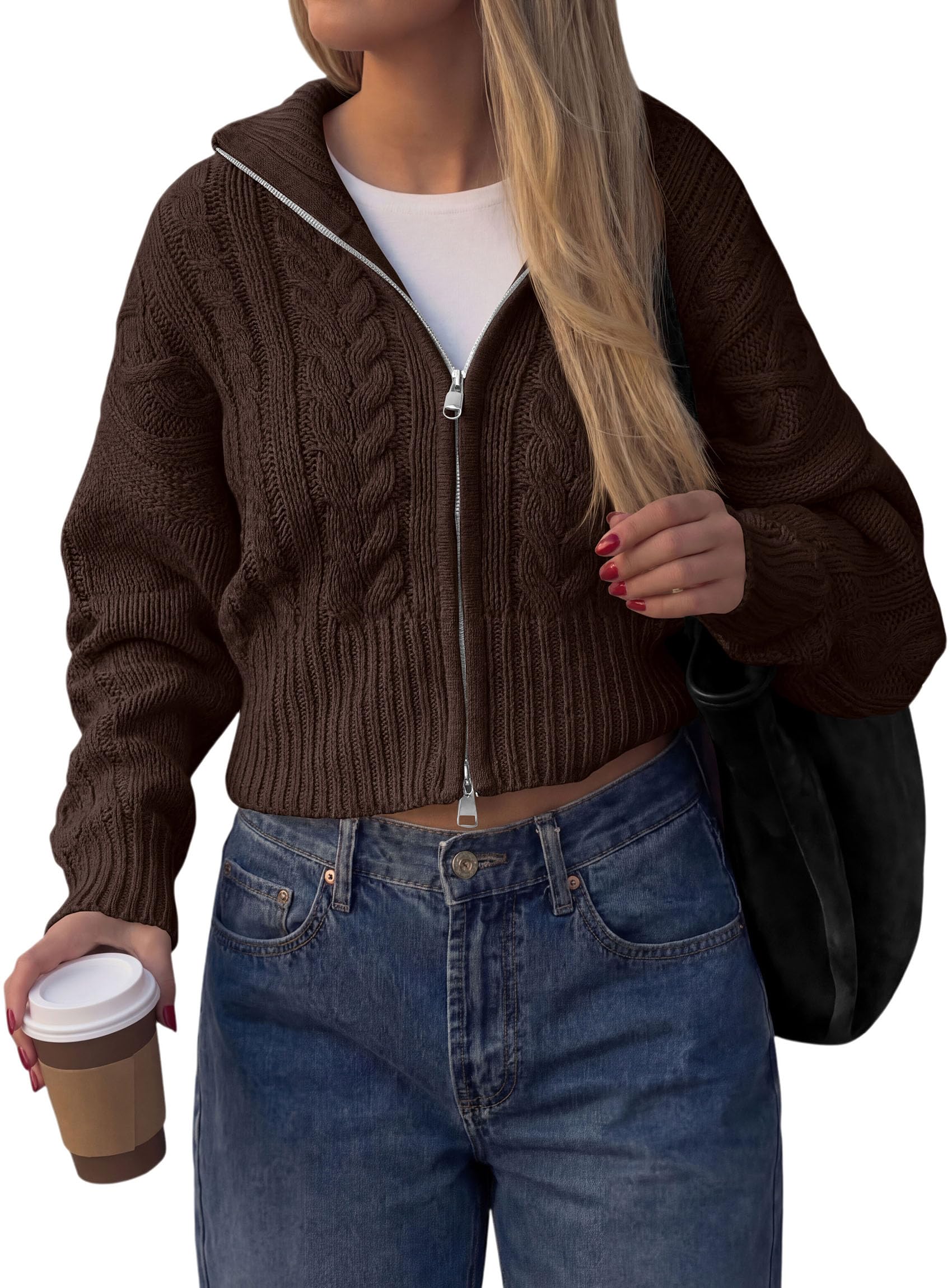 Women's Zip Up Cardigan Sweaters Cropped Jackets Fall Outfits