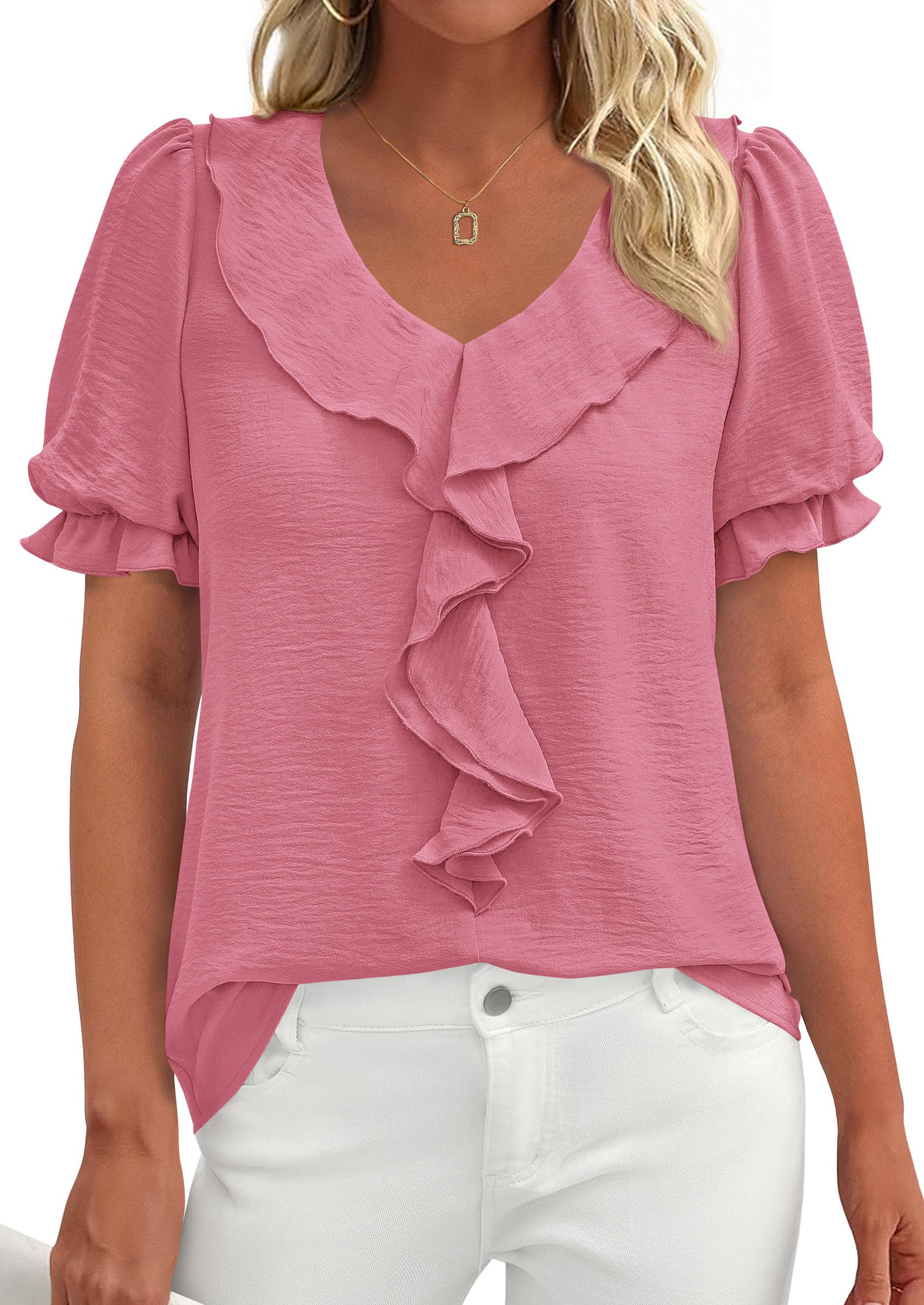 Women's Summer Ruffle Dressy Casual Blouses (Dark Pink,S)