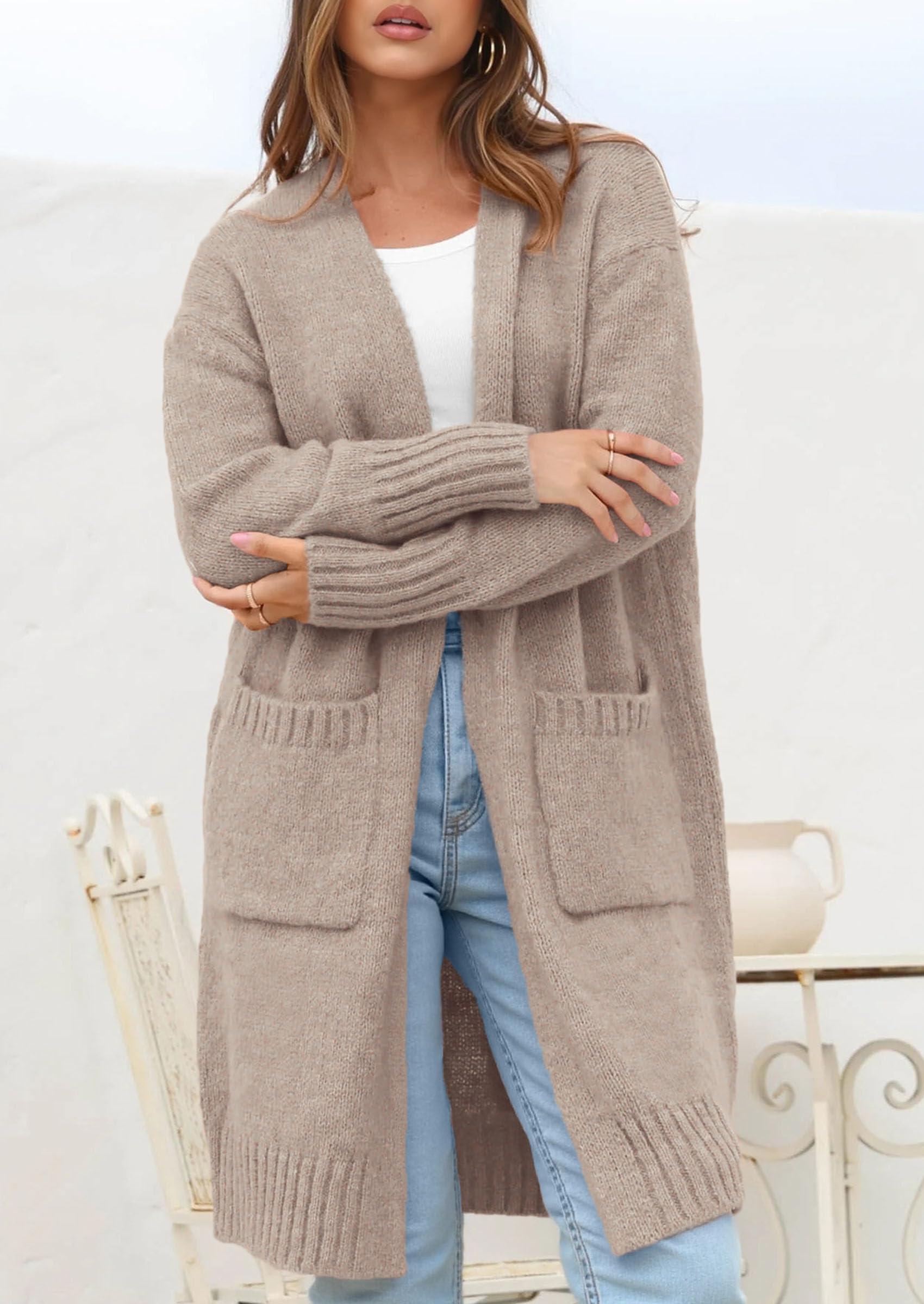 Open Front Cardigan Sweaters for Women,Beige Grey,S