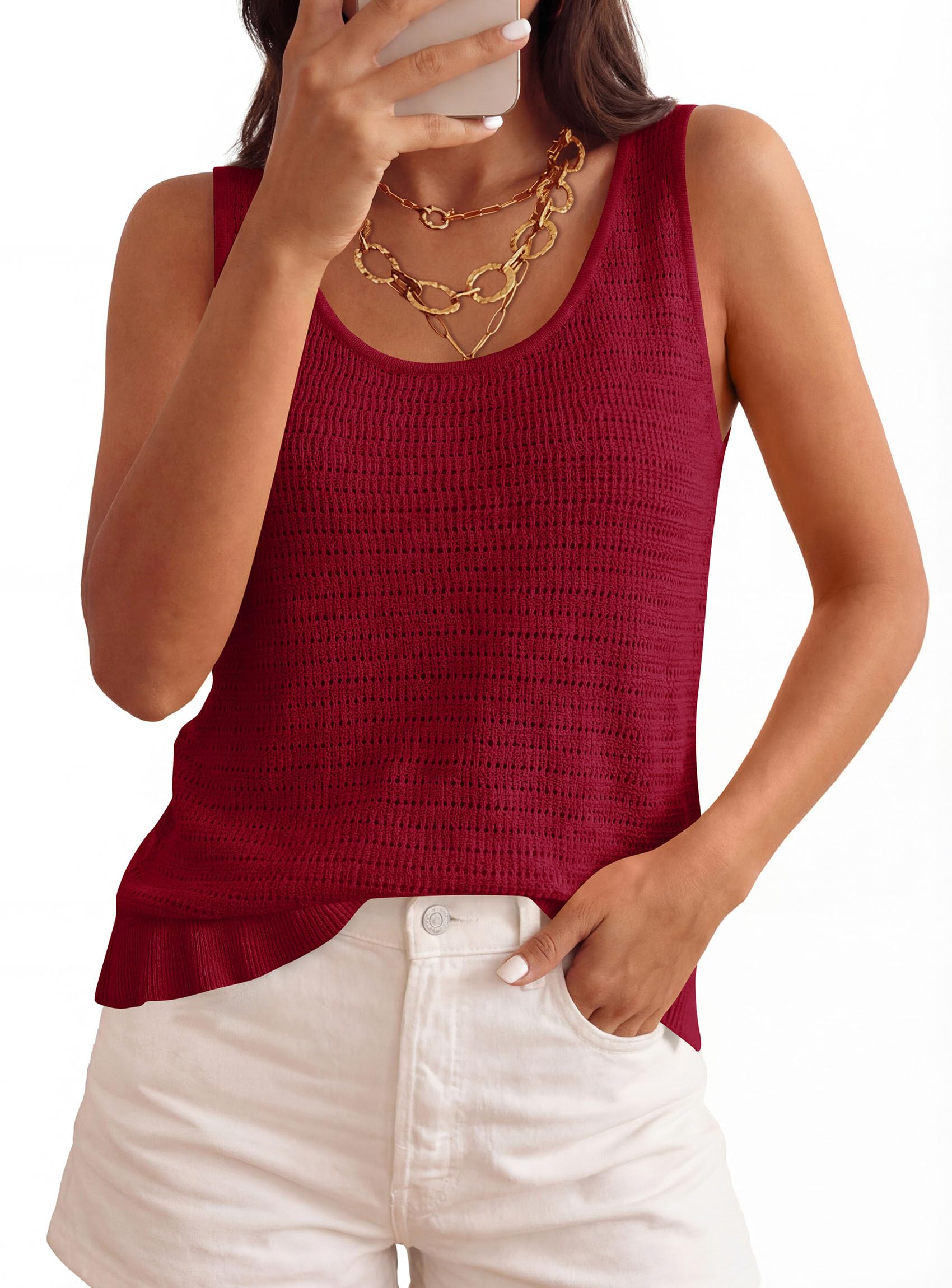 Women's Summer Crochet Knit Tank Tops,Burgundy,XL