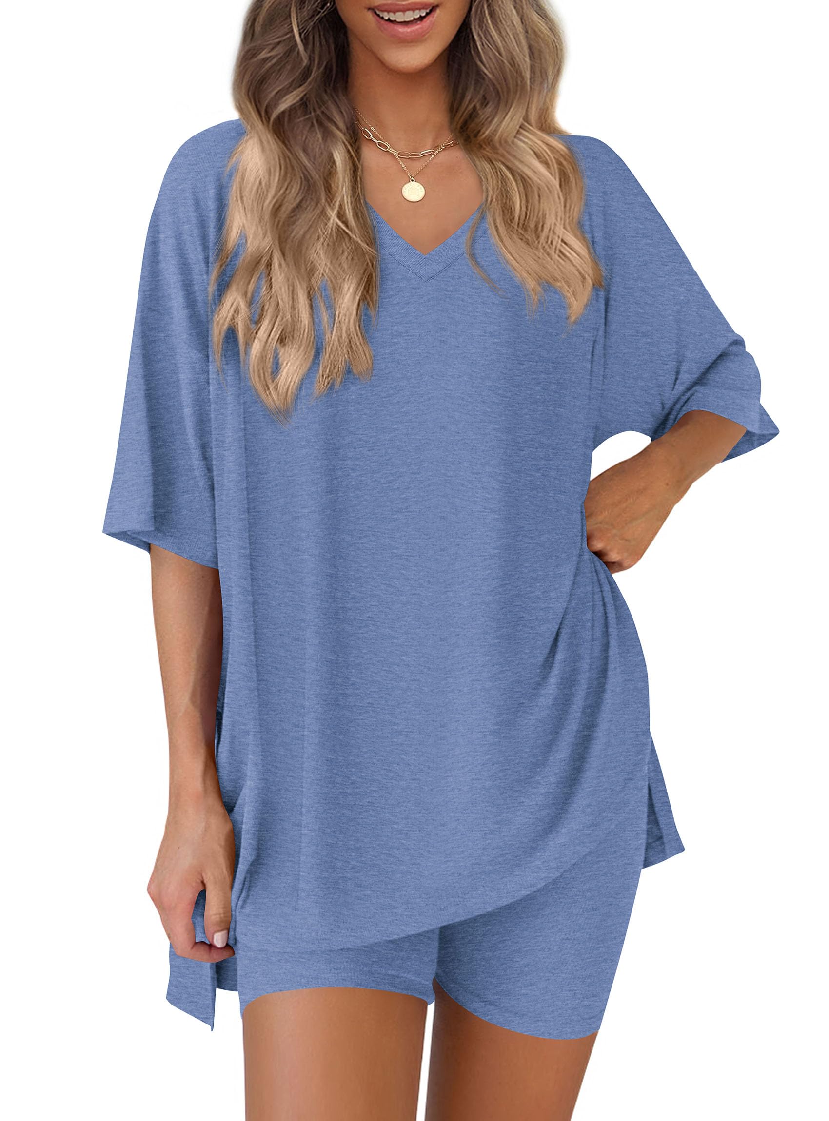 Womens 2 Piece Outfit Lounge Short Sets,Grey Blue,L